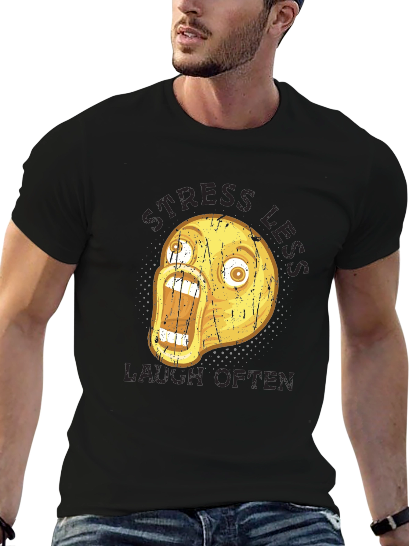 Black Stress Less Laugh Often Graphic Tee view 6