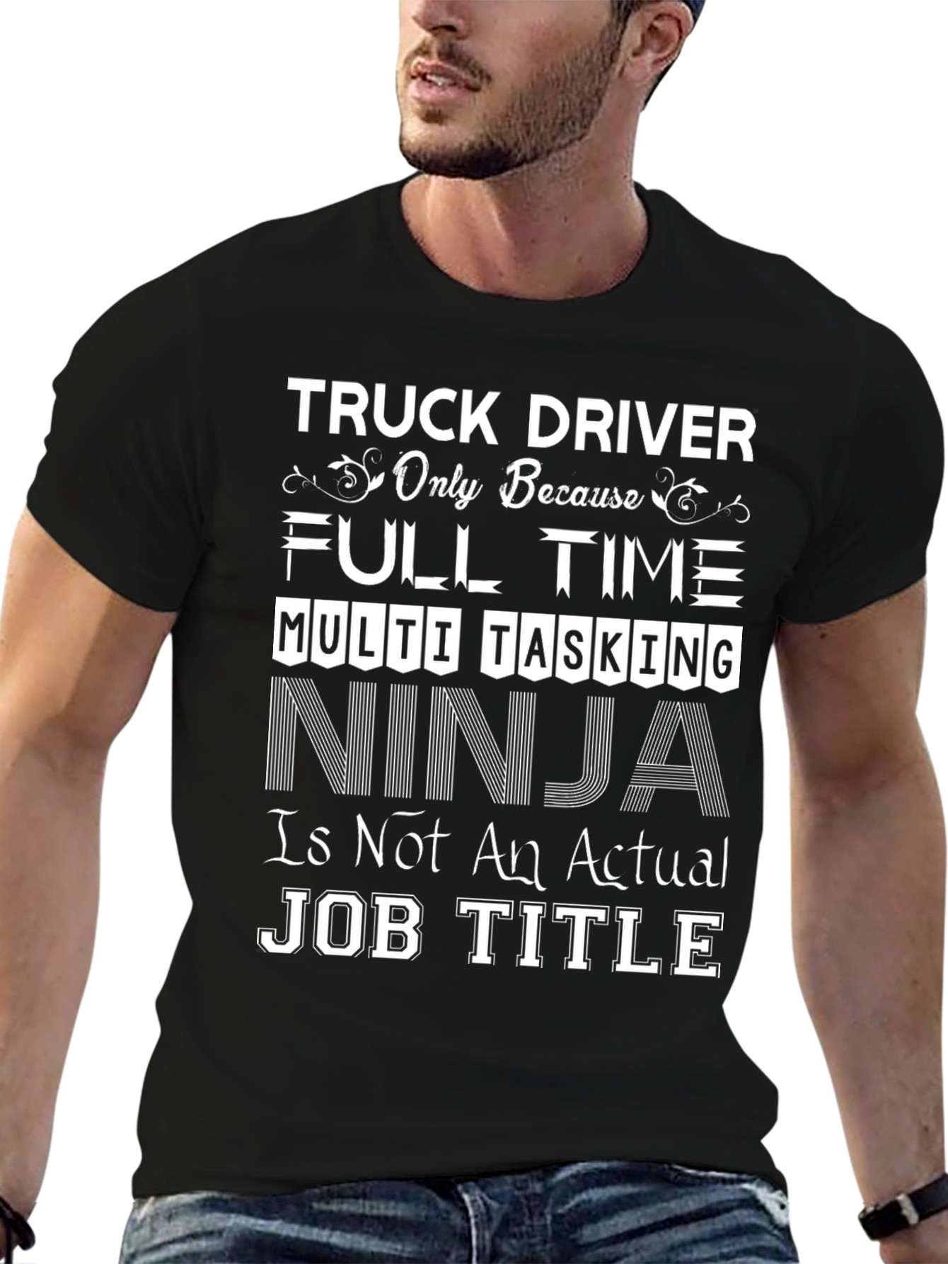 Black Truck Driver Full Time Ninja Job T-Shirt view 6