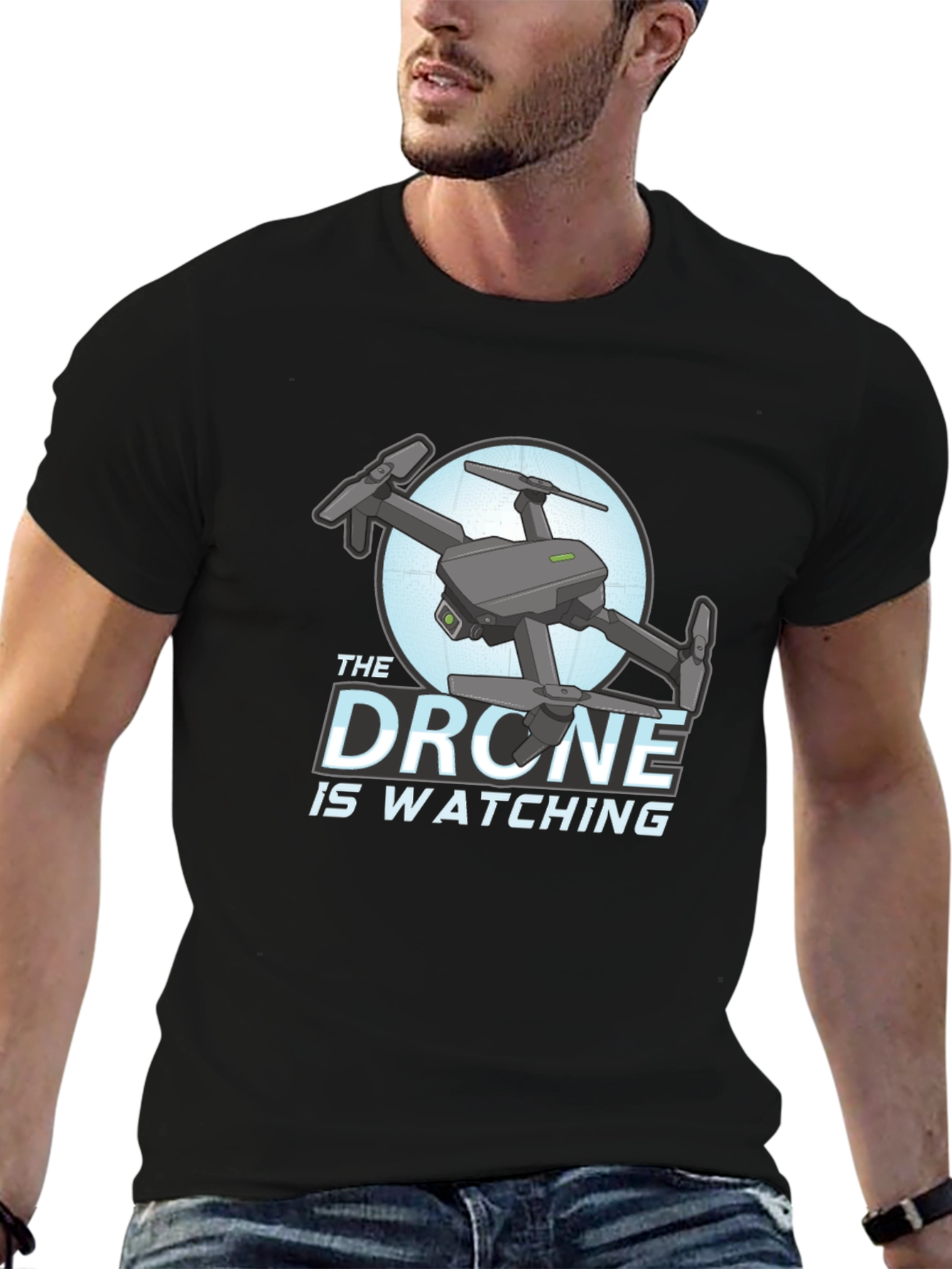 Black The Drone Is Watching Graphic T-Shirt view 6