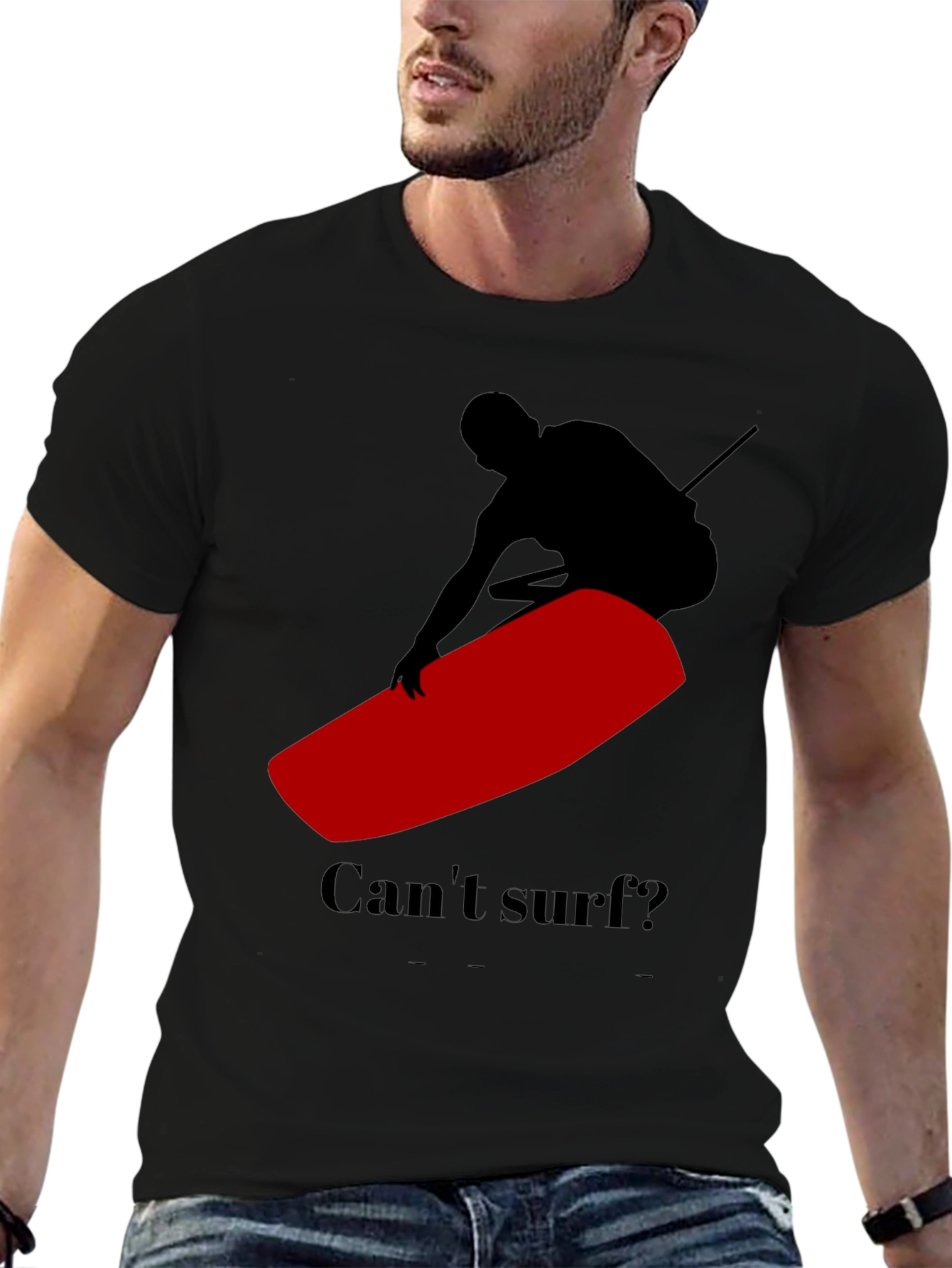 Black Can't Surf Black T-Shirt with Red Surfboard Graphic view 6