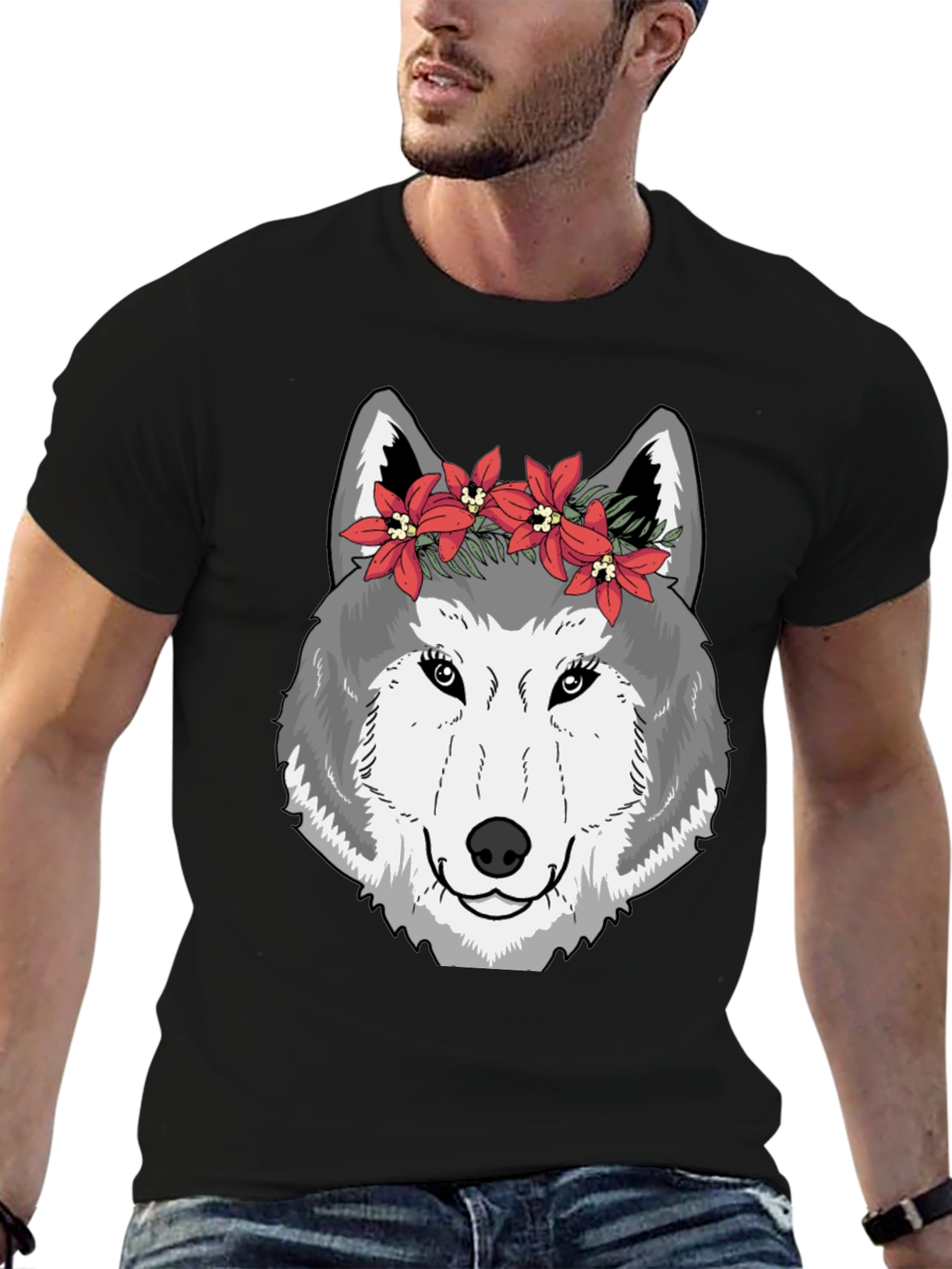 Black Wolf Floral Crown Graphic Tee - Cool Casual Style view 6