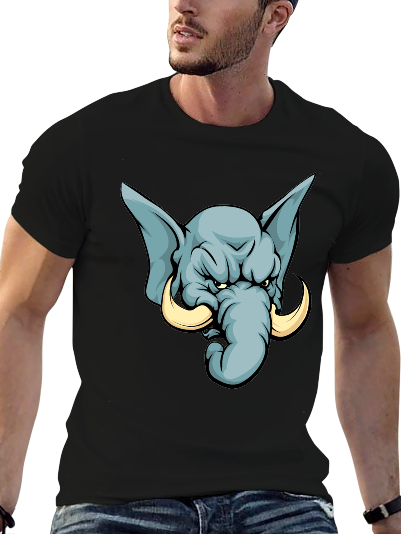 Black Angry Elephant Cartoon T-Shirt - Black view 6