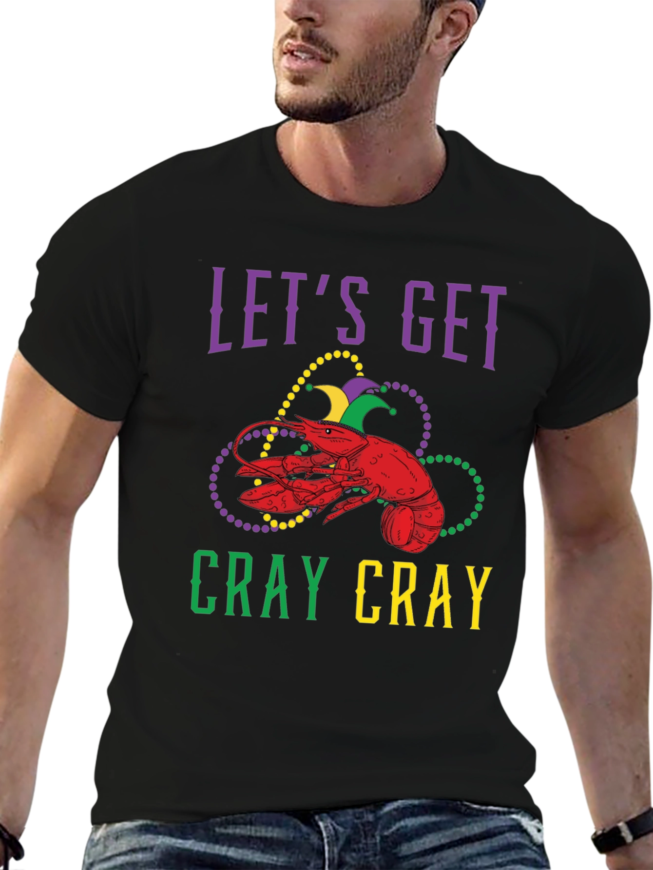 Black Let's Get Cray Cray Mardi Gras Lobster Graphic T-Shirt view 6