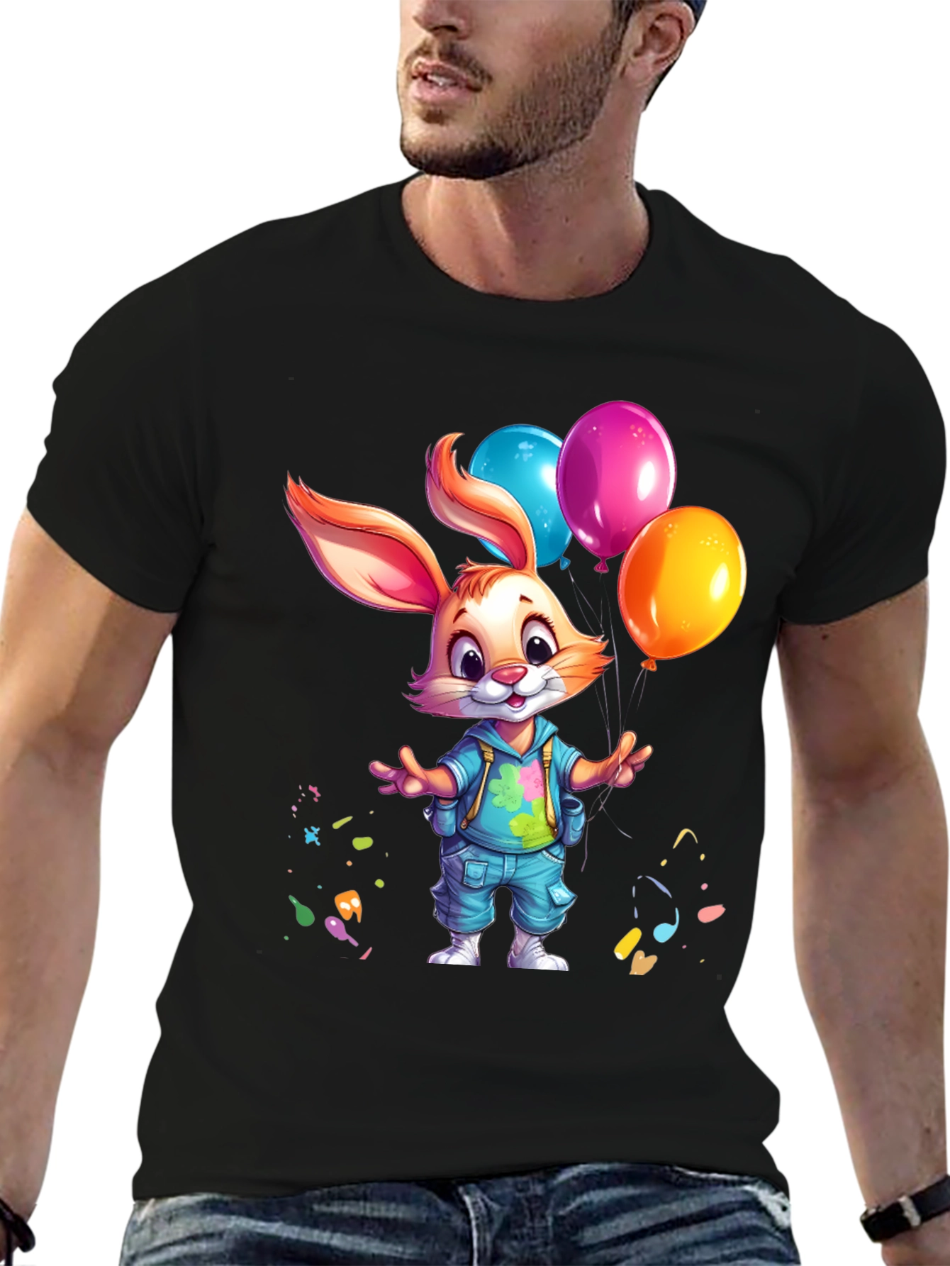 Black Cute Bunny with Balloons Graphic Tee view 6