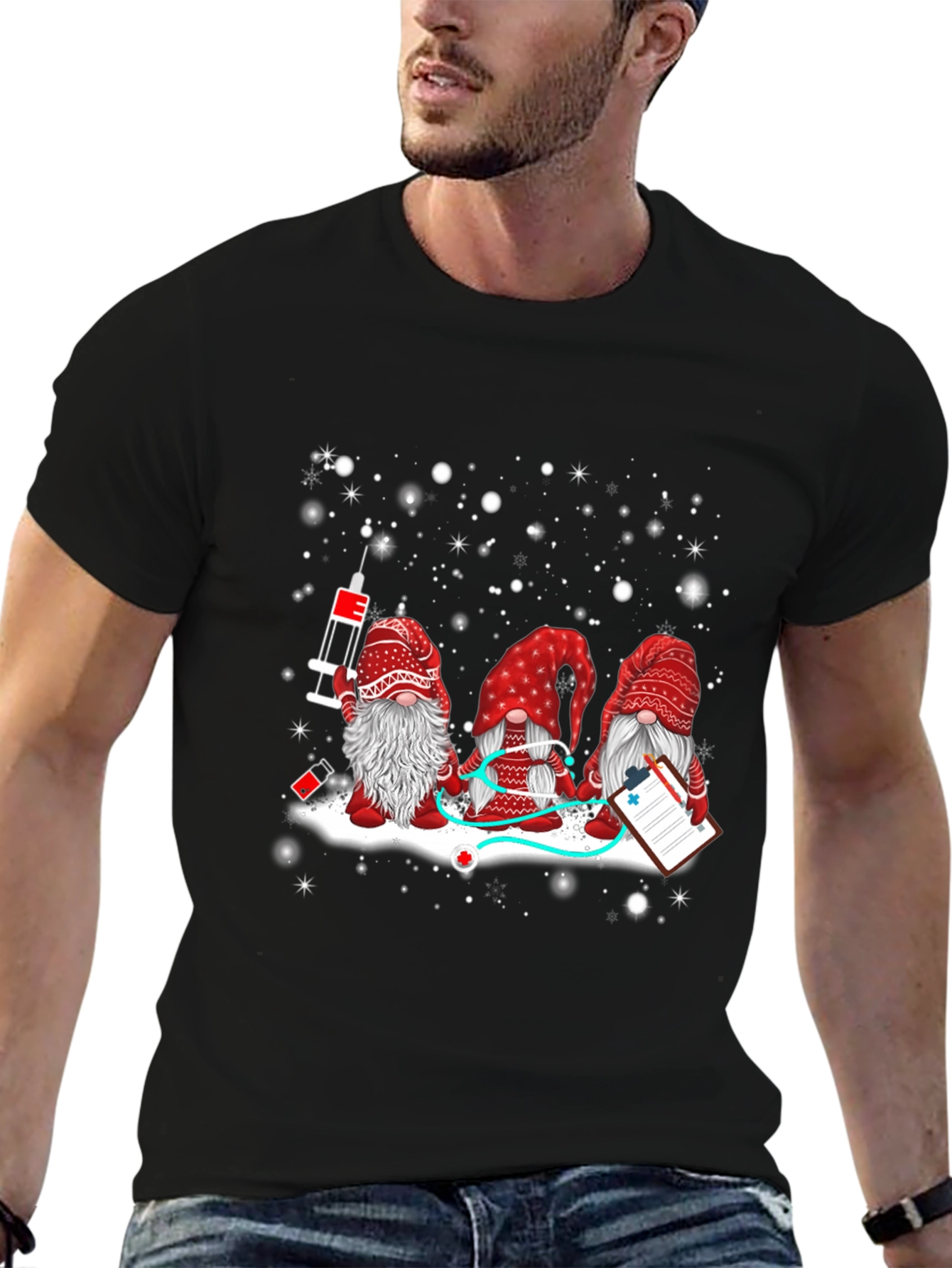 Black Nurse Gnomes T-Shirt - Holiday Medical Tee view 6
