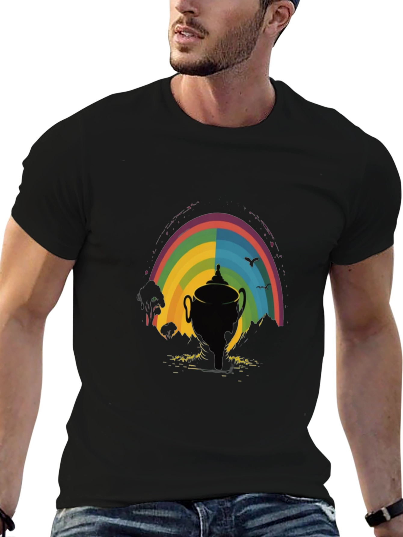 Black Rainbow Trophy Graphic Tee - Black Cotton Shirt view 6