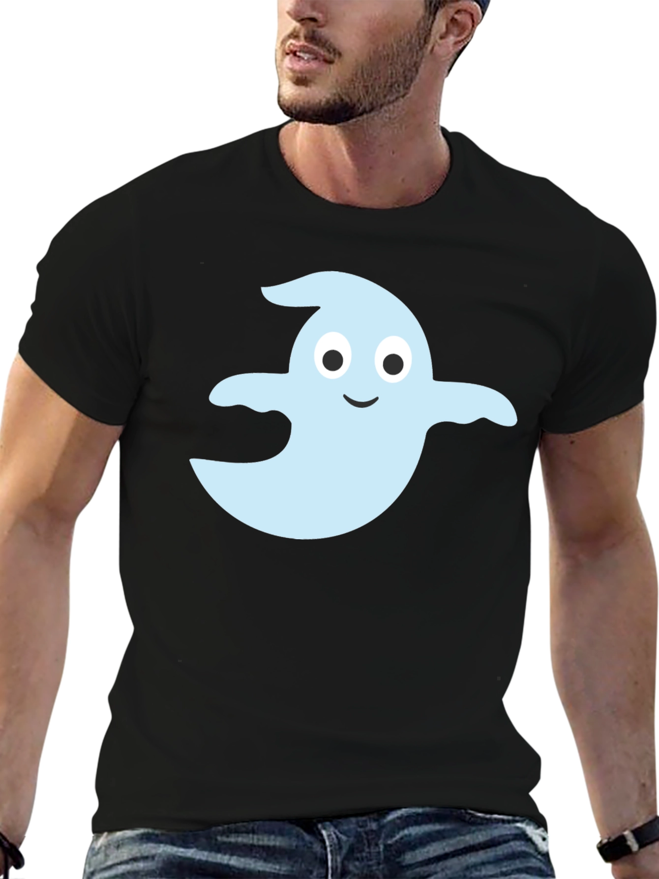 Black Cute Ghost Graphic Tee - Black Cotton Blend view 6