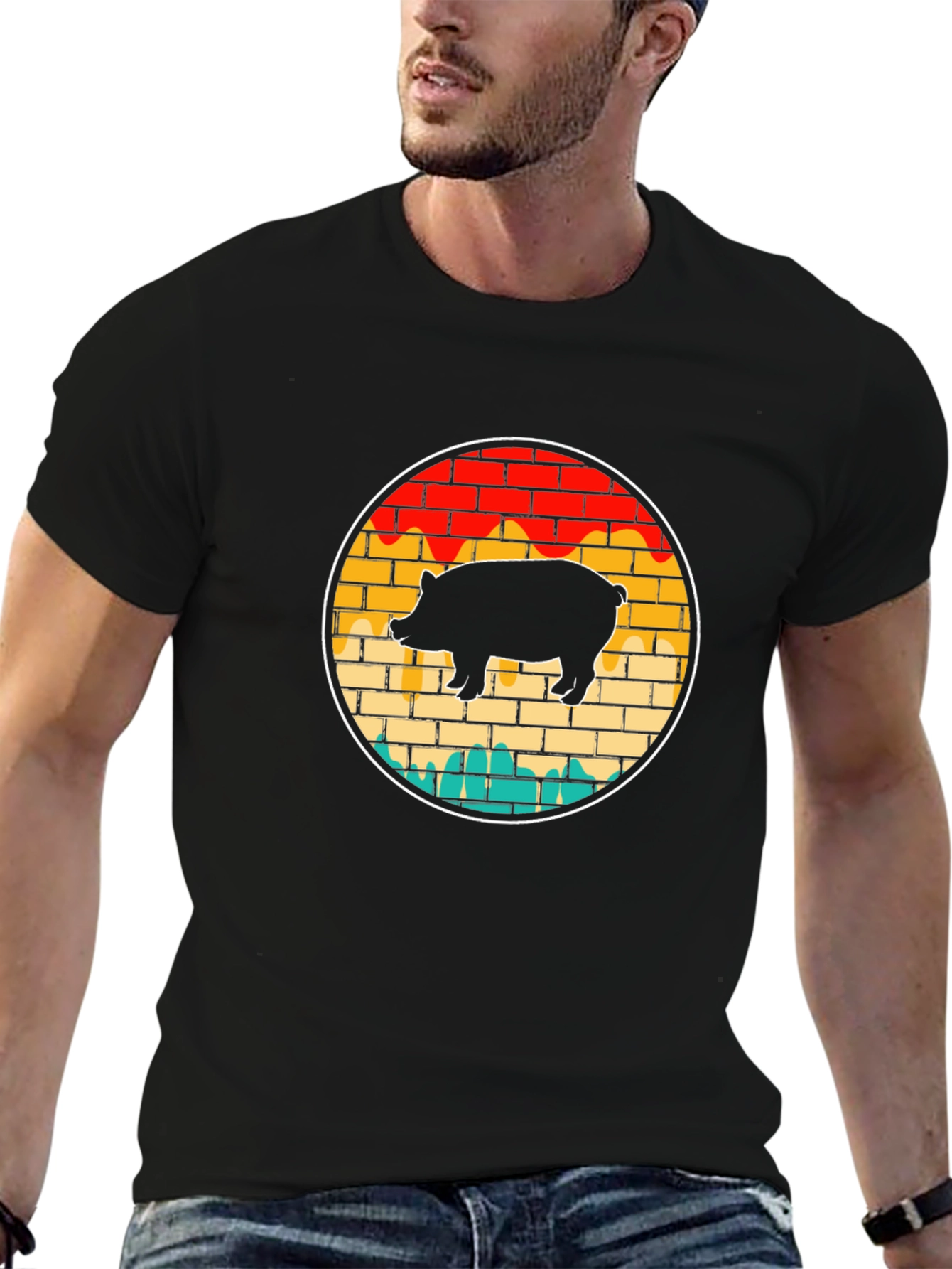 Black Retro Pig Brick Wall Graphic Tee view 6