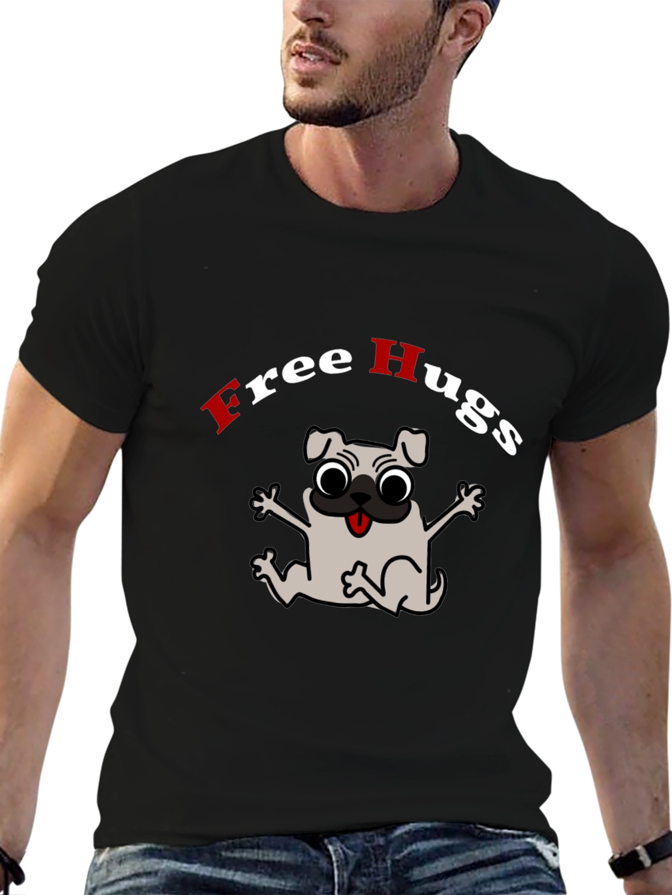 Black Free Hugs Pug Graphic Tee view 6