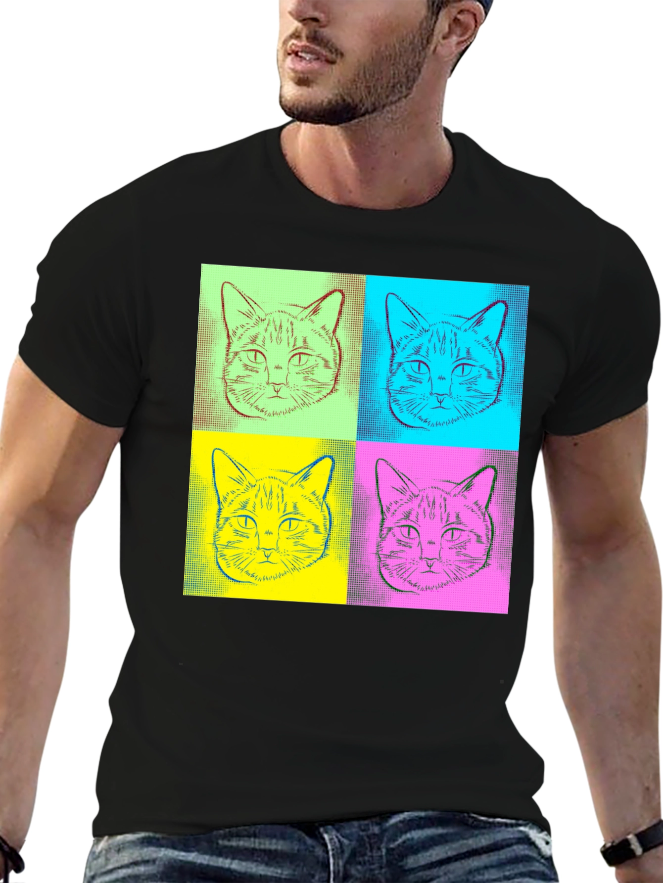 Black Pop Art Cat Graphic Tee - Quirky Black T-Shirt view 6