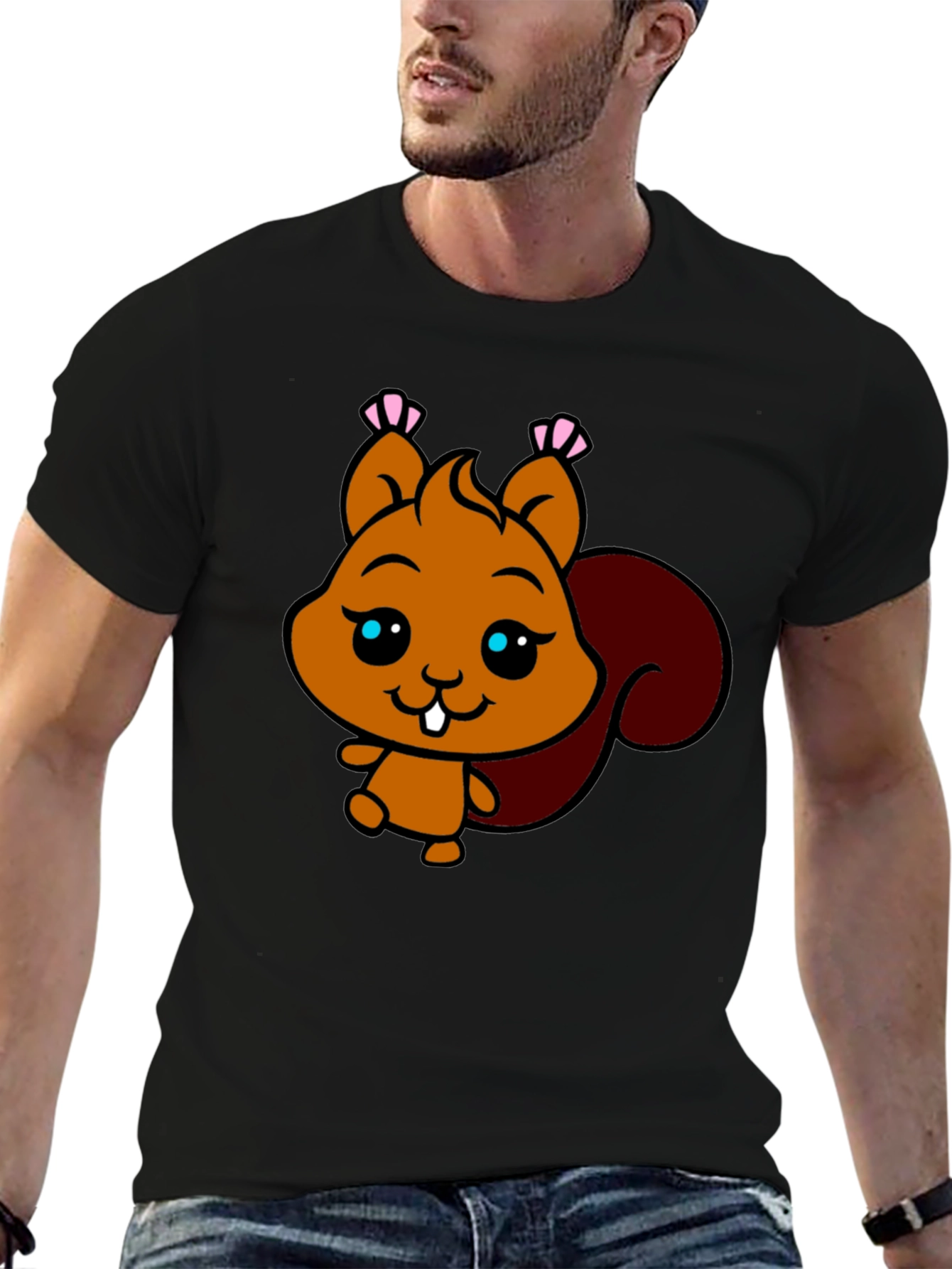 Black Cute Squirrel Graphic Tee - Black Cotton T-Shirt view 6