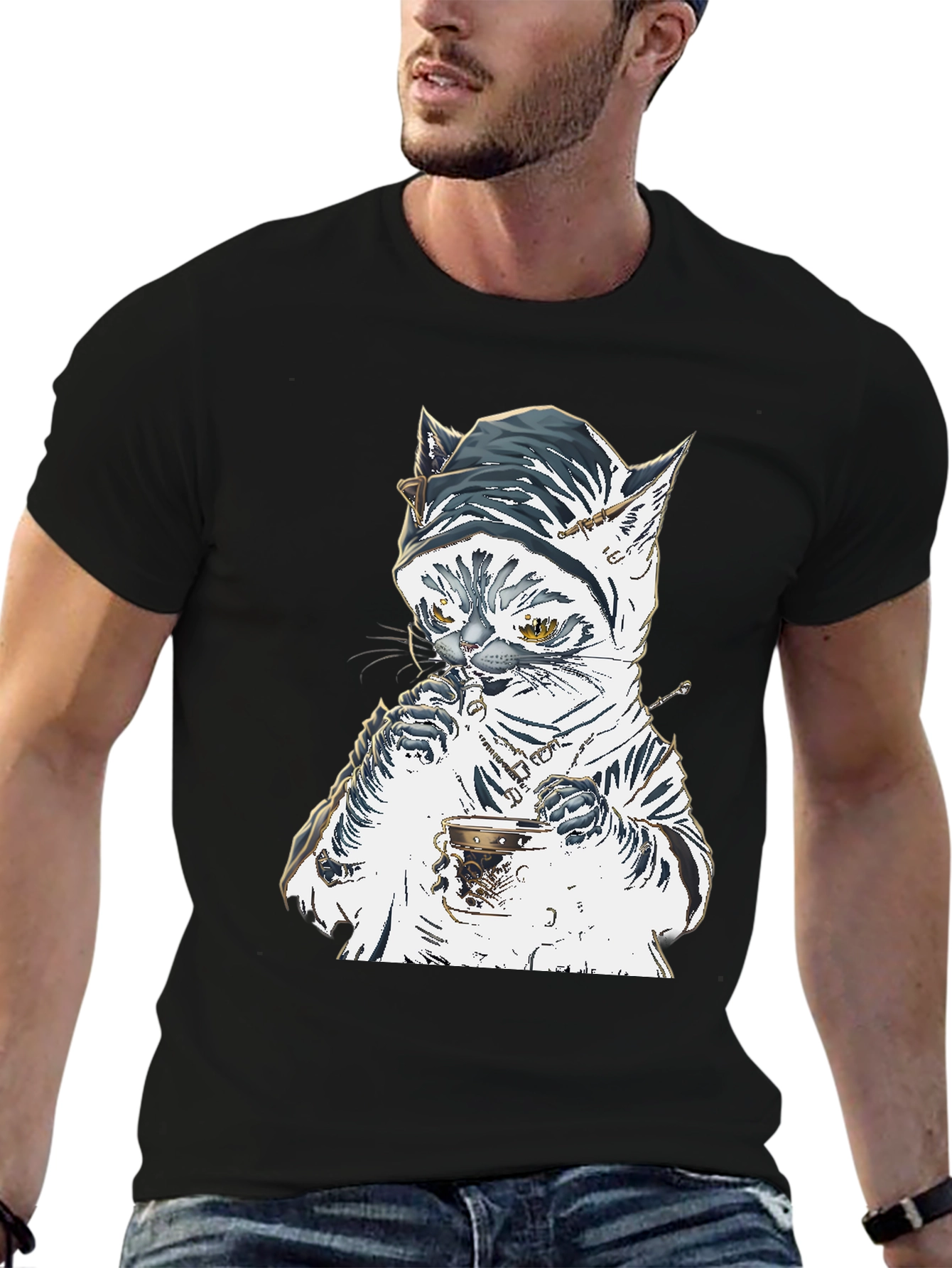 Black Cat T-Shirt: Sophisticated Feline Tea Time view 6