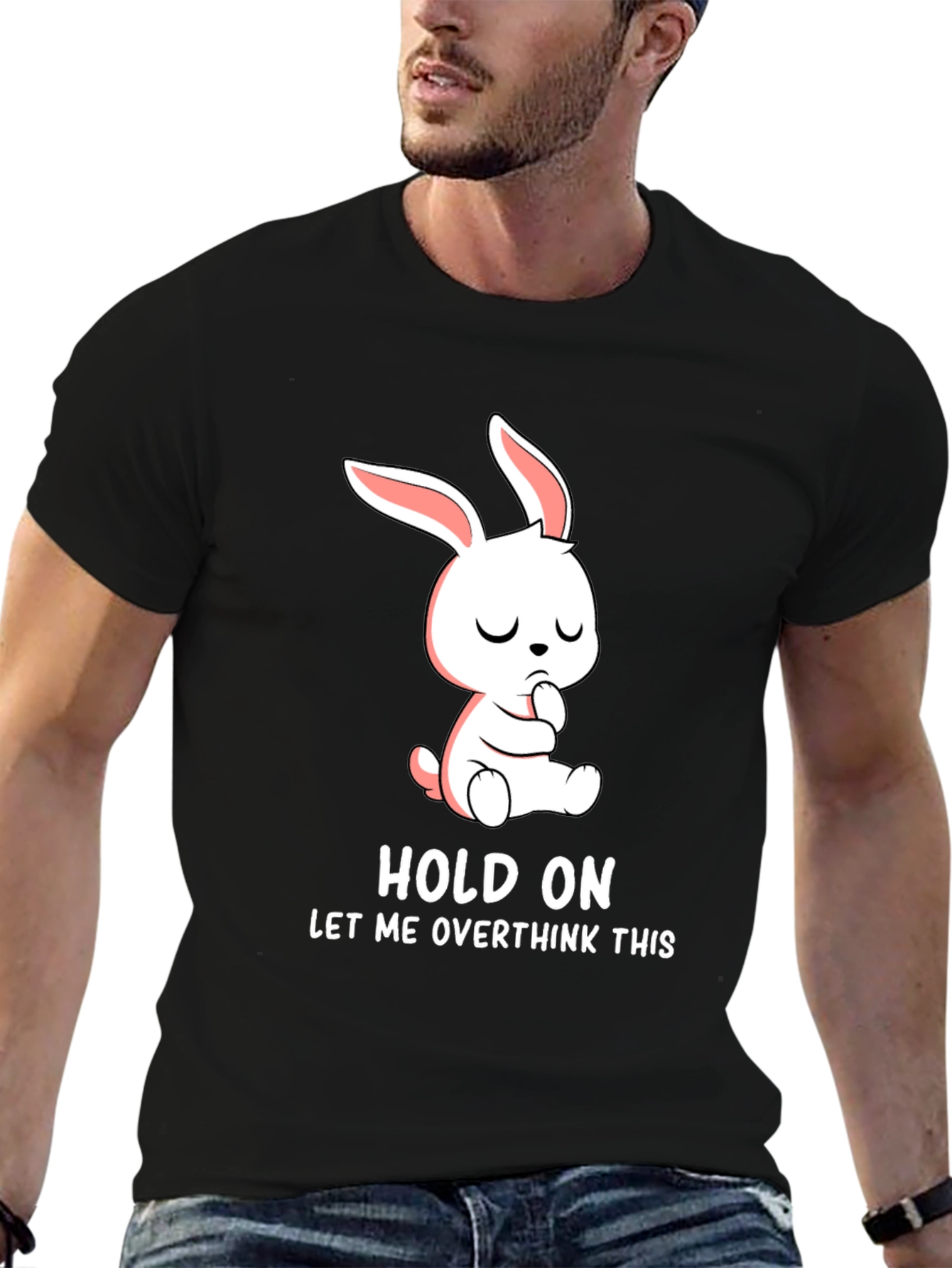 Black Hold On Overthink Bunny T-Shirt Funny Graphic Tee view 6