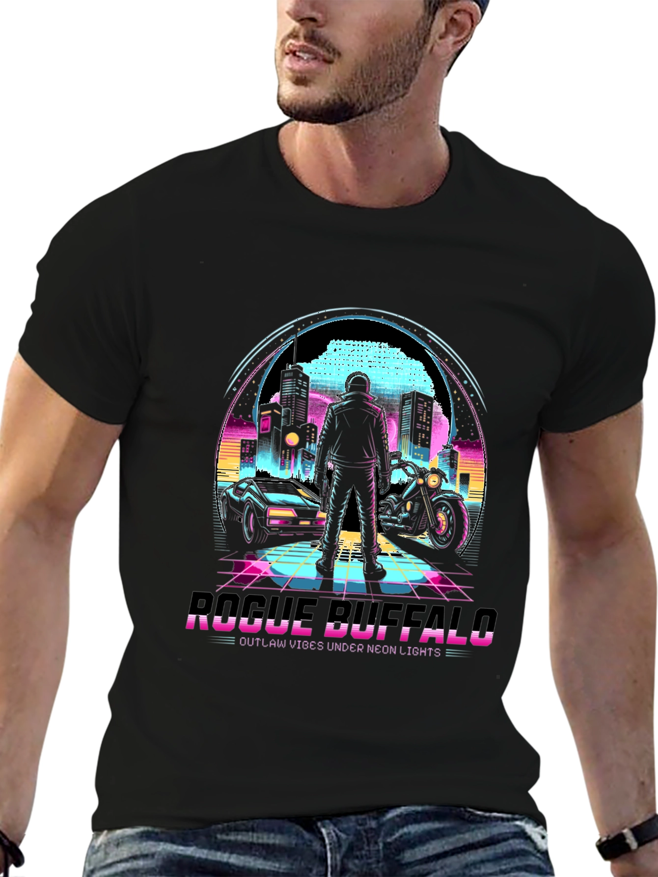 Black Retro Rogue Buffalo T-Shirt - Outlaw Neon Vibes view 6
