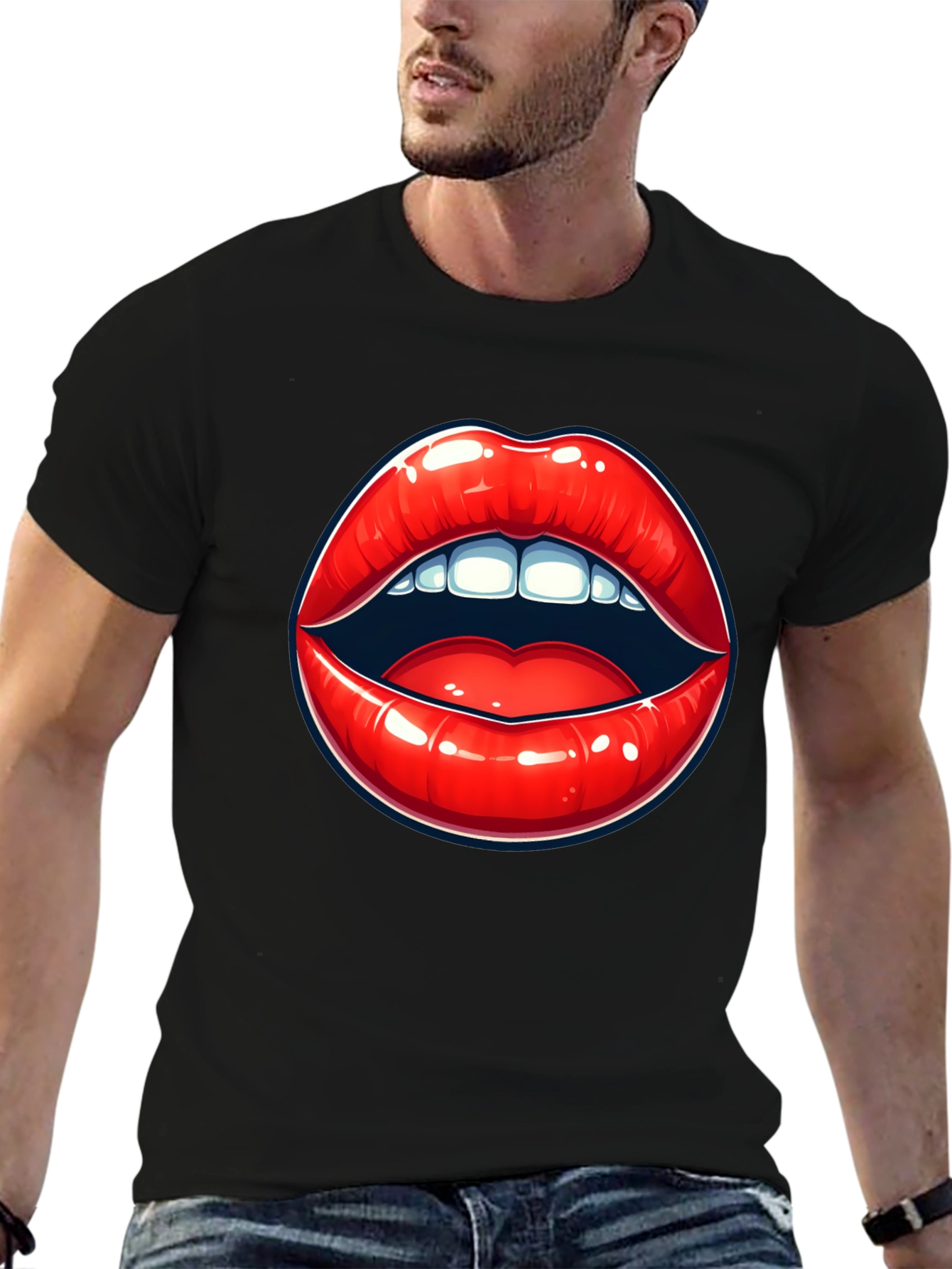 Black Bold Lips Graphic Tee - Black Cotton T-Shirt view 6