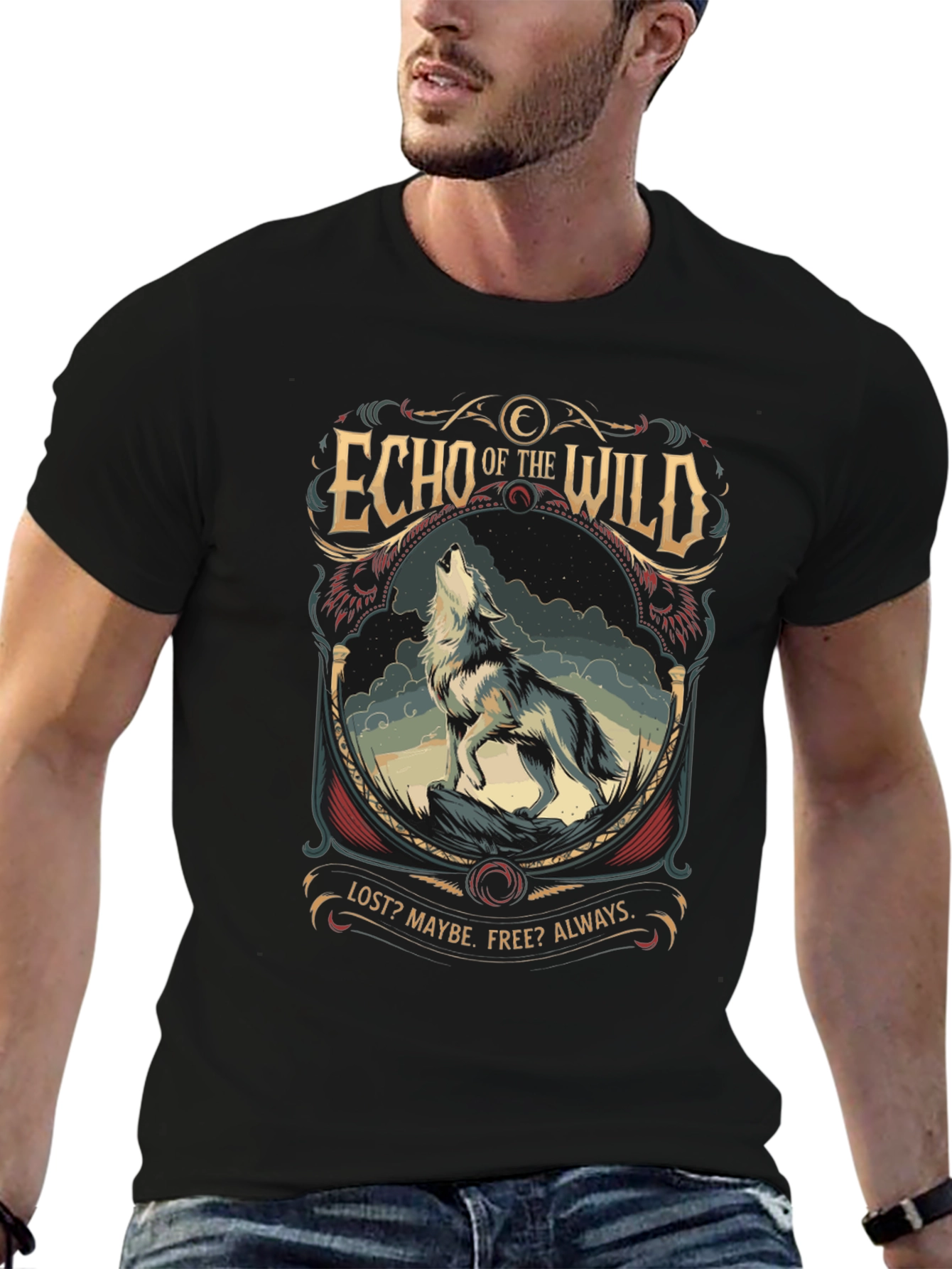 Black Echo of the Wild Wolf Graphic T-Shirt view 6