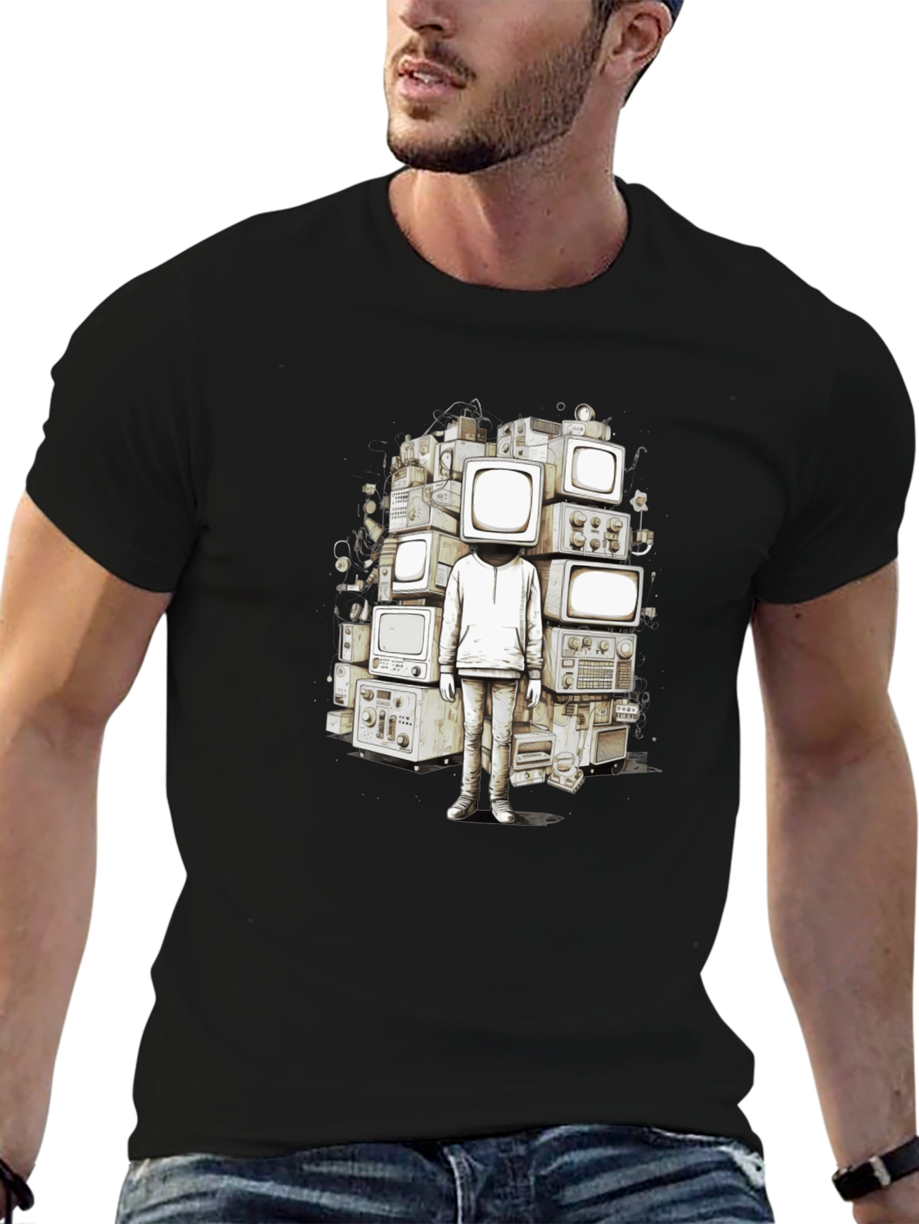 Black Retro TV Head Graphic T-Shirt - Unique Design view 6