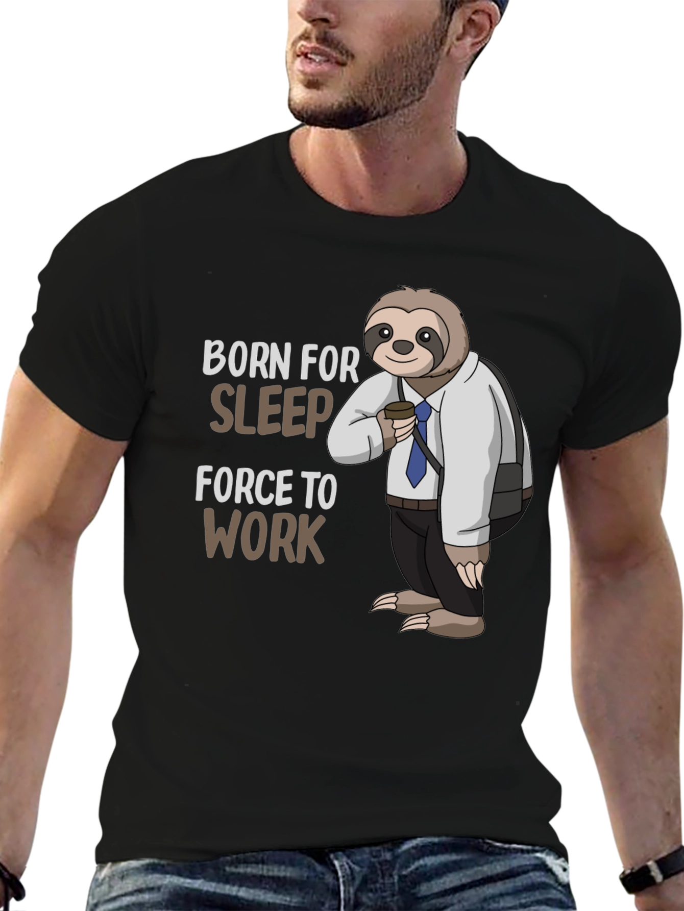 Black Born for Sleep Sloth T-Shirt - Funny Work Tee view 6