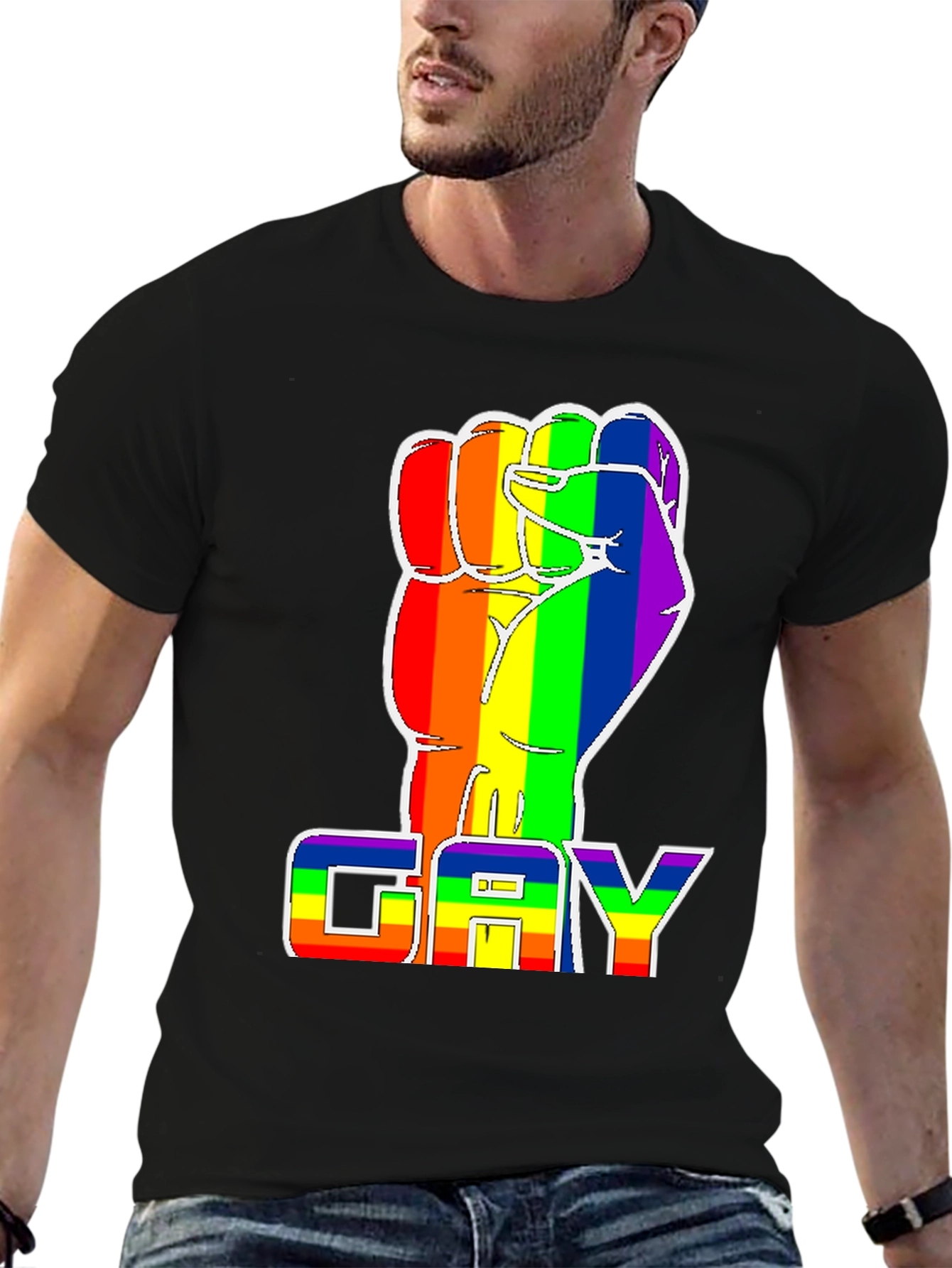 Black Rainbow Fist 'GAY' Pride T-Shirt - Black Cotton Blend Tee view 6