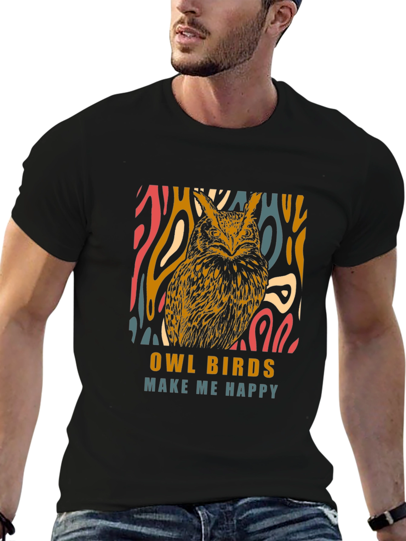 Black Owl Birds Make Me Happy Graphic T-Shirt view 6