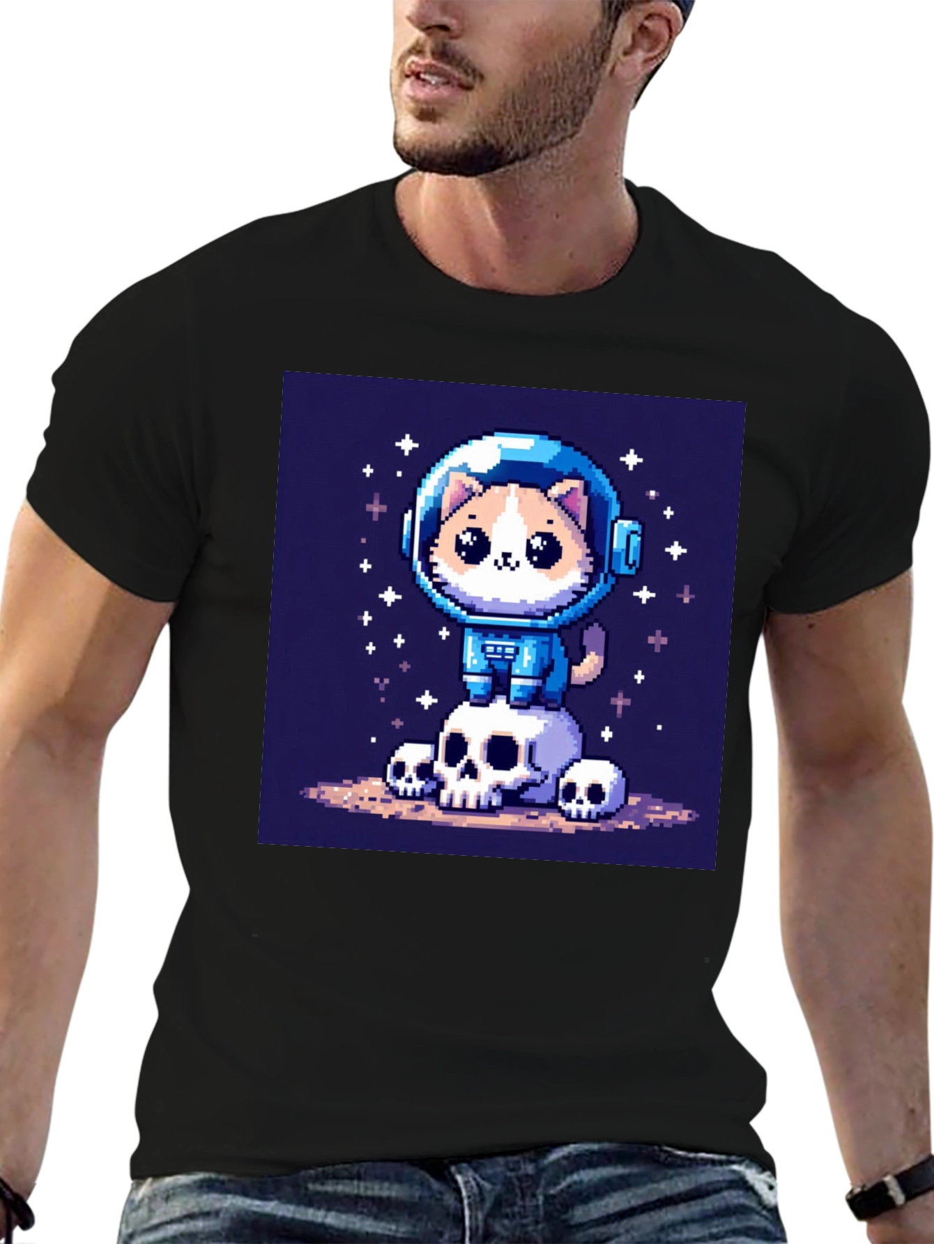 Black Pixel Cat Astronaut T-Shirt - Space Kitty Tee view 6