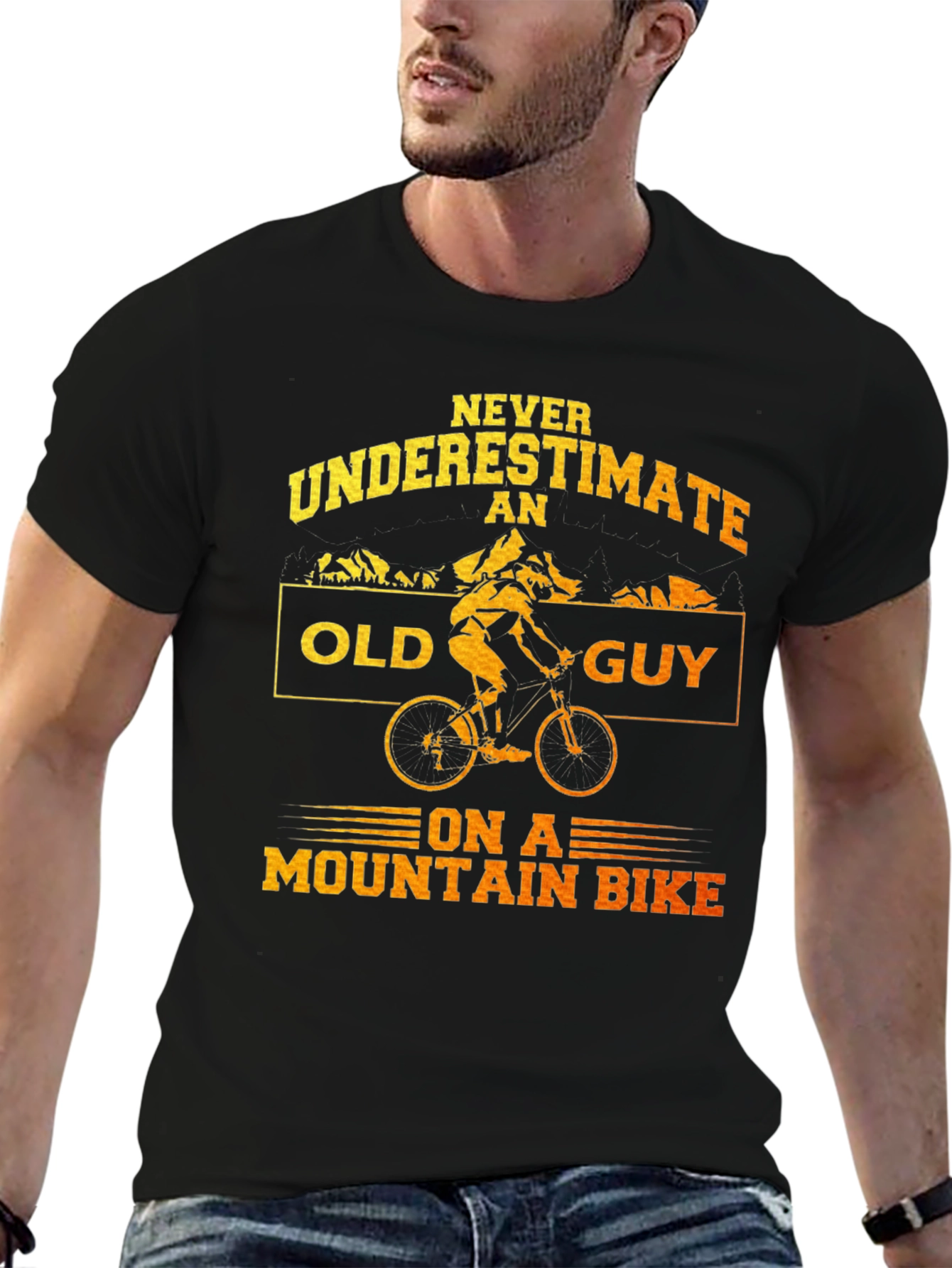 Black Never Underestimate an Old Guy Mountain Bike Graphic T-Shirt view 6
