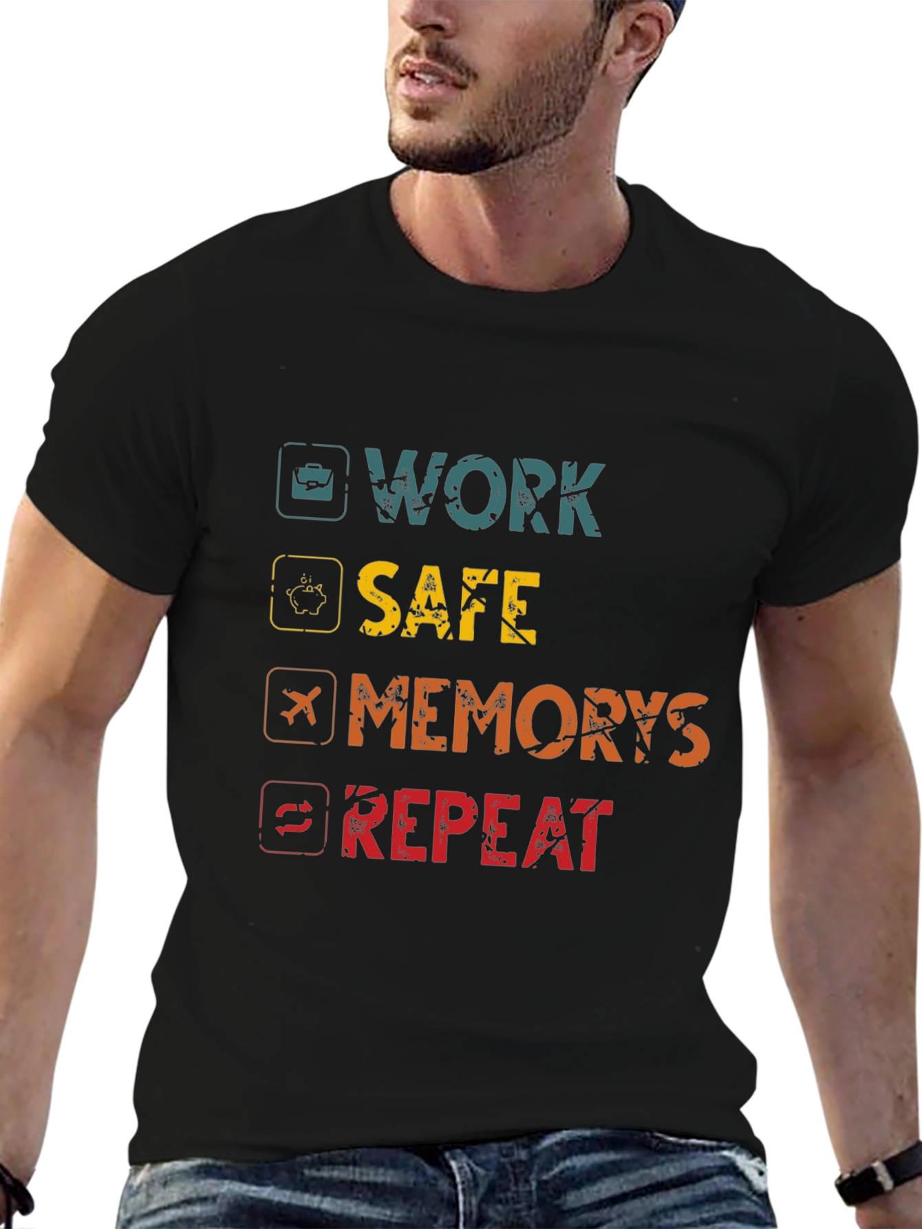 Black Work Safe, Create Memories, Repeat Graphic Tee view 6