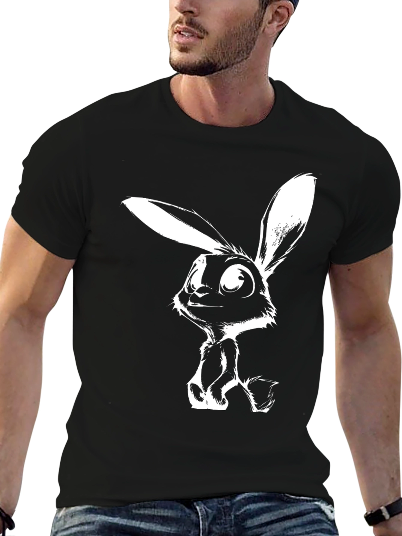 Black Cartoon Rabbit Graphic Tee - Black Casual T-Shirt view 6
