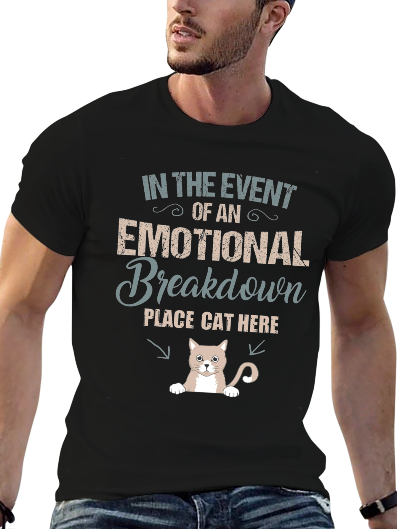 Black Emotional Breakdown Cat Here Graphic Tee view 6