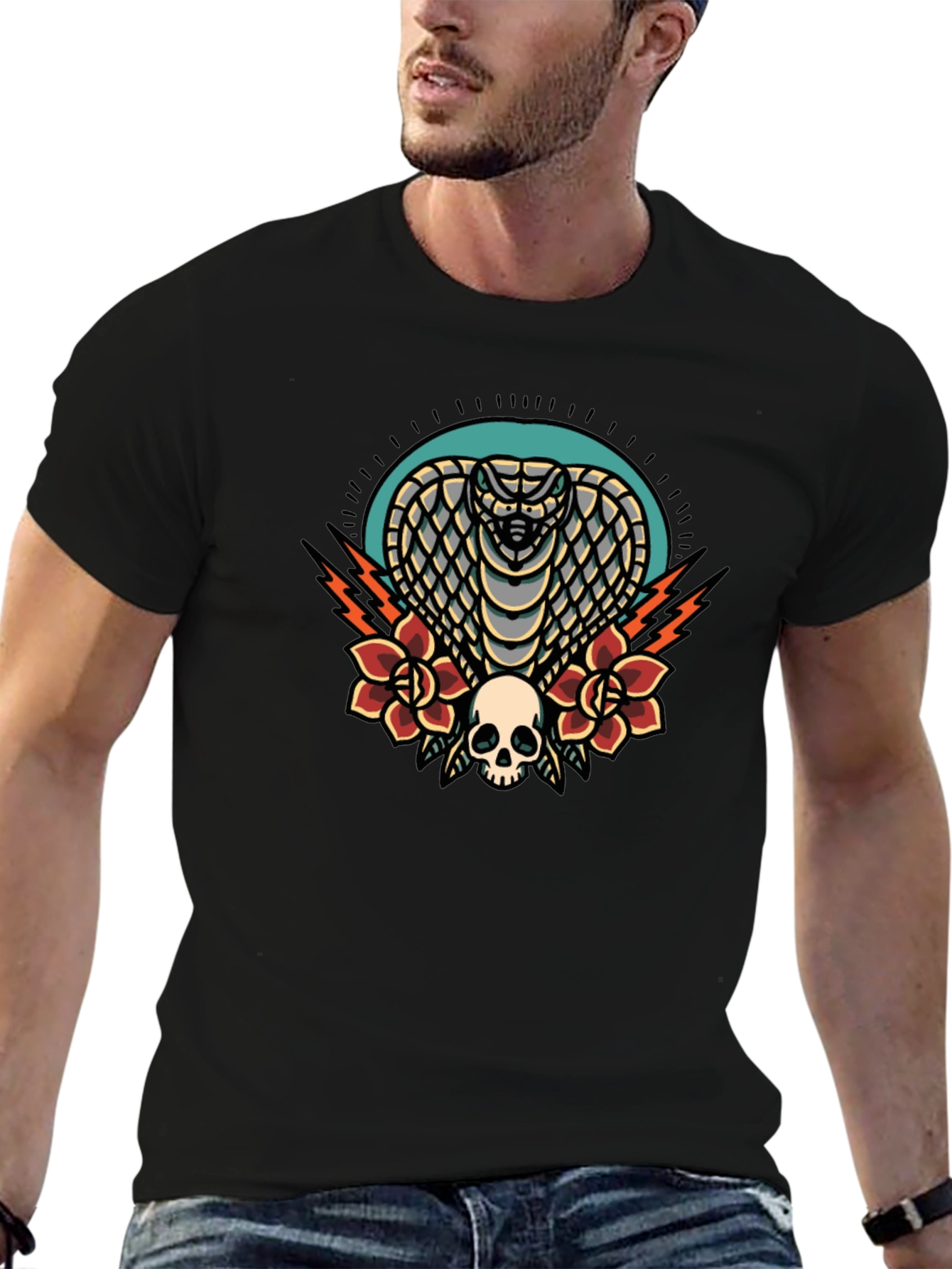 Black Cobra Skull Rose Graphic Tee - Black Cotton T-Shirt view 6