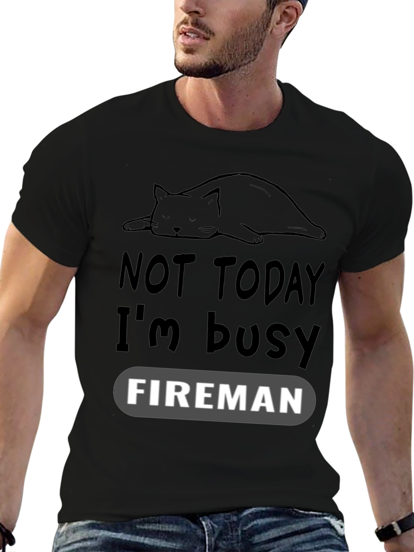 Black Funny Cat Fireman T-Shirt - Not Today I'm Busy view 6