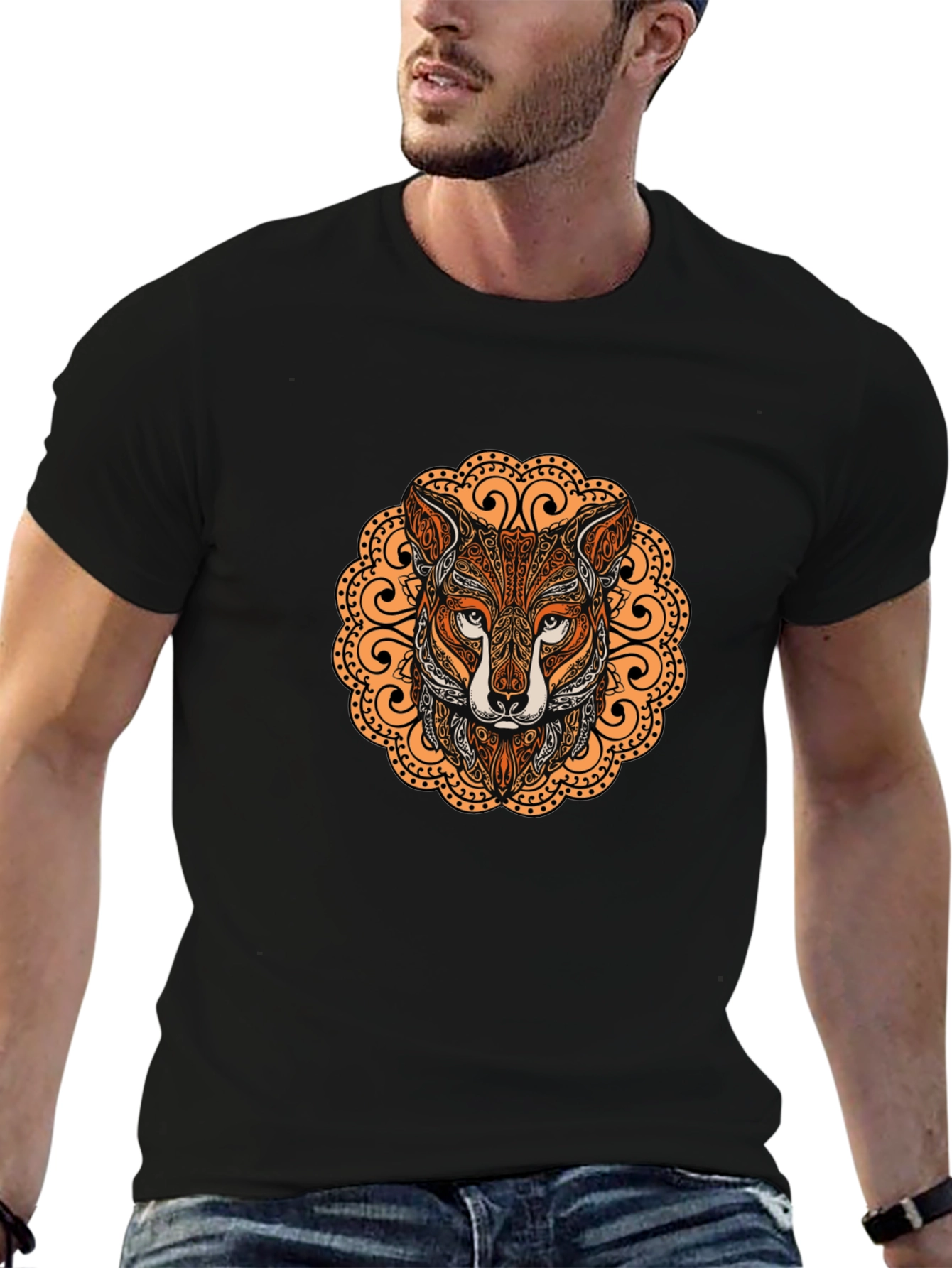 Black Fox Mandala Graphic T-Shirt - Stylish Crew Neck Tee view 6