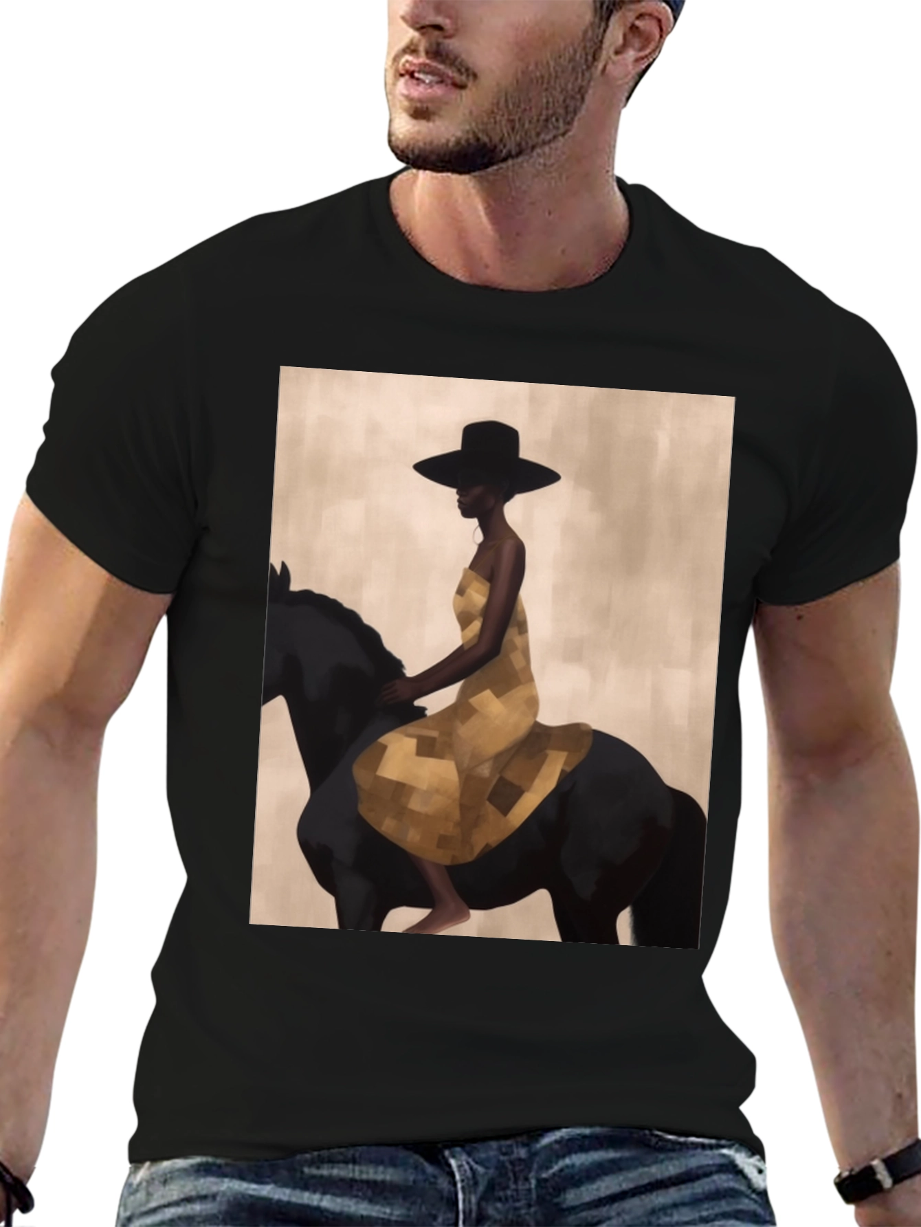 Black Black T-Shirt with Woman Riding Horse Design view 6