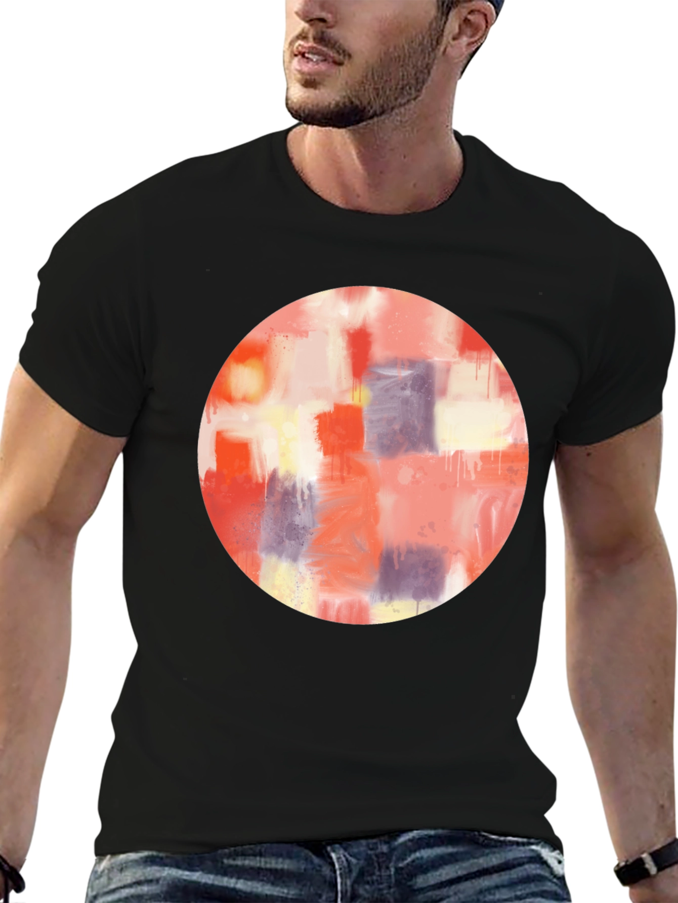 Black Abstract Art Circle Graphic Tee - Men's Black T-Shirt view 6