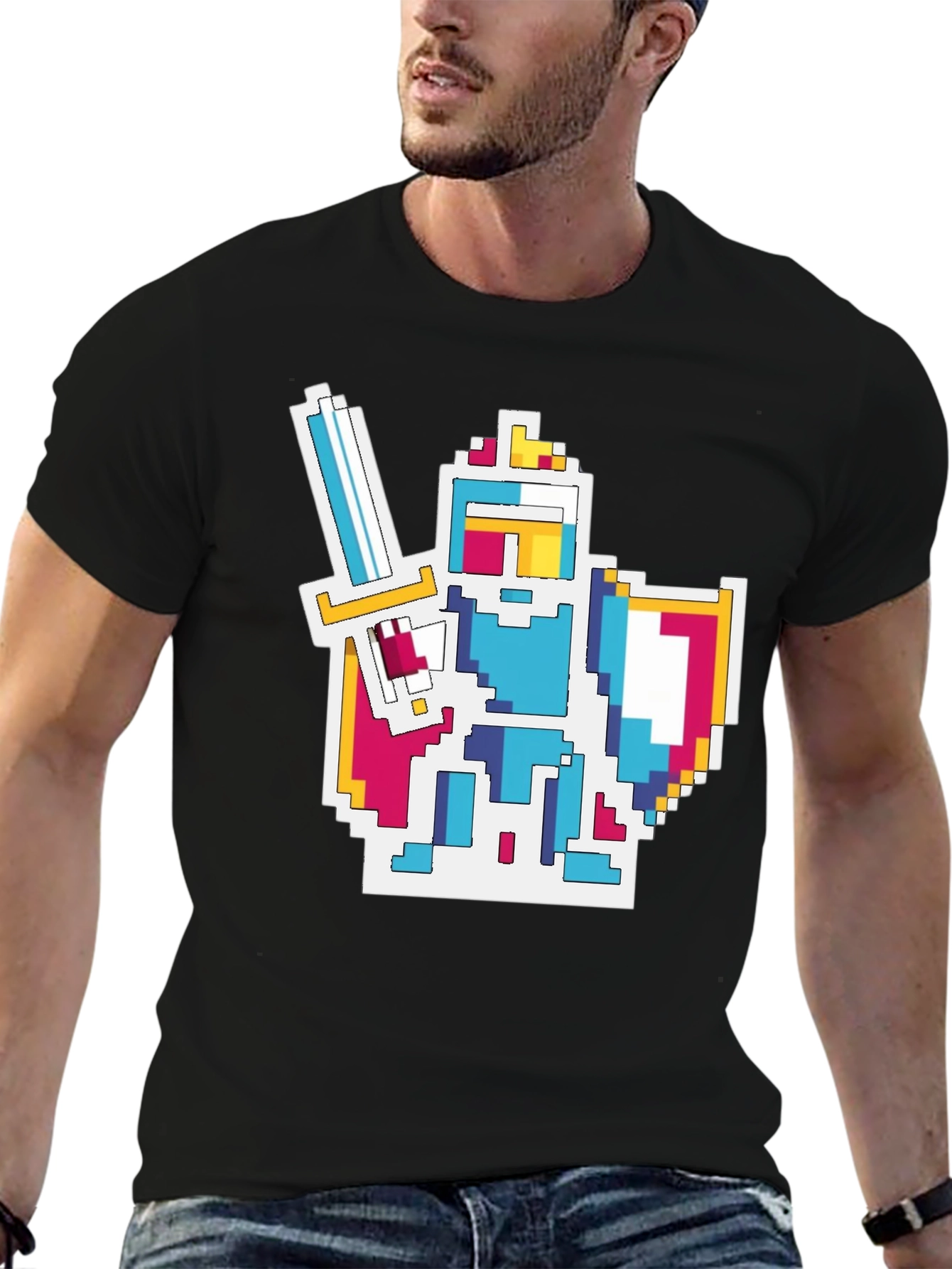 Black Pixel Knight Graphic Tee - Black Cotton Blend T-Shirt view 6