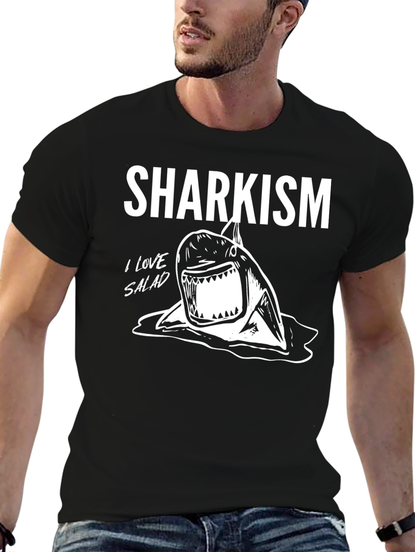 Black Sharkism Graphic Tee - I Love Salad Funny Shark T-Shirt view 6