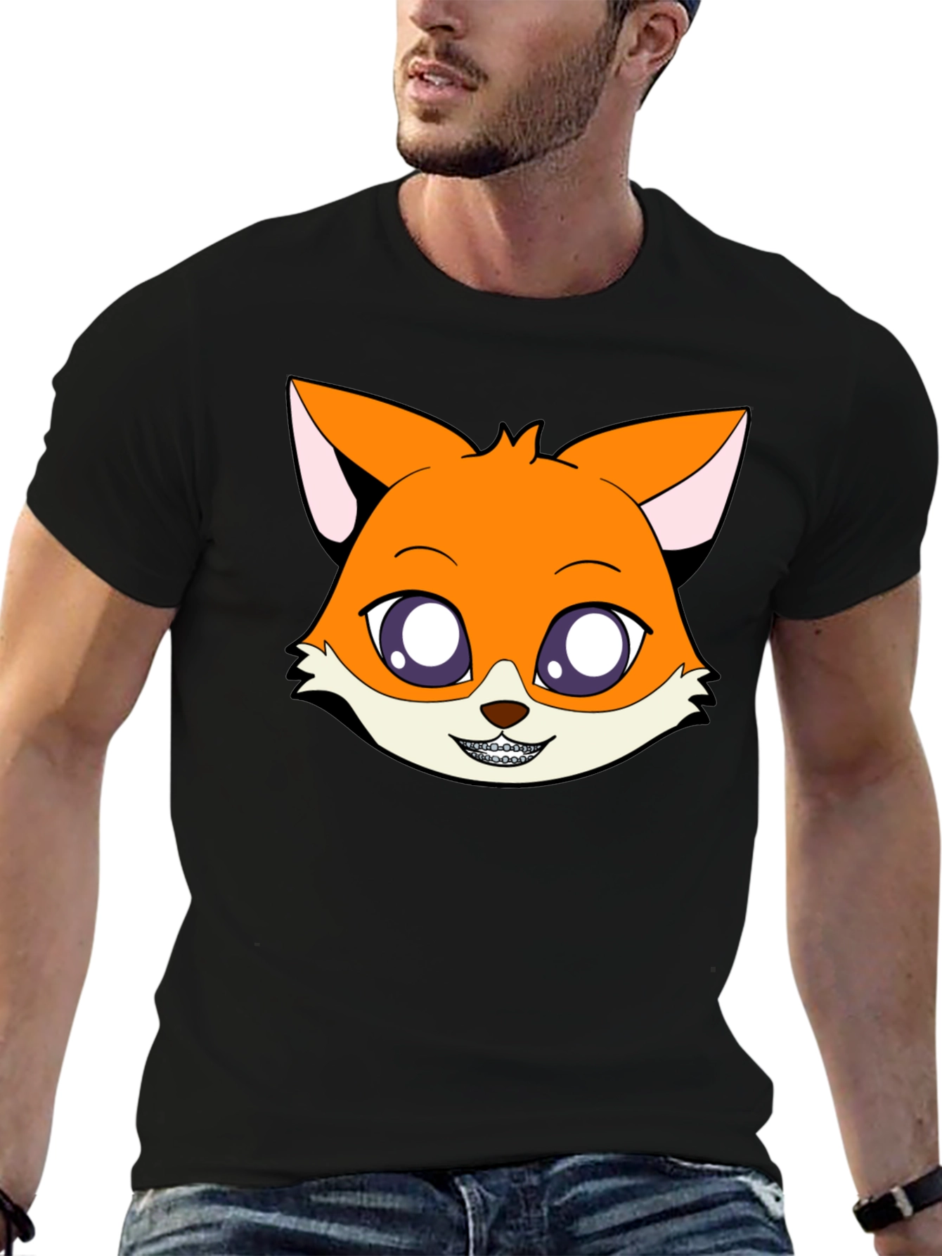 Black Cartoon Fox Graphic Tee - Unisex Black T-Shirt view 6