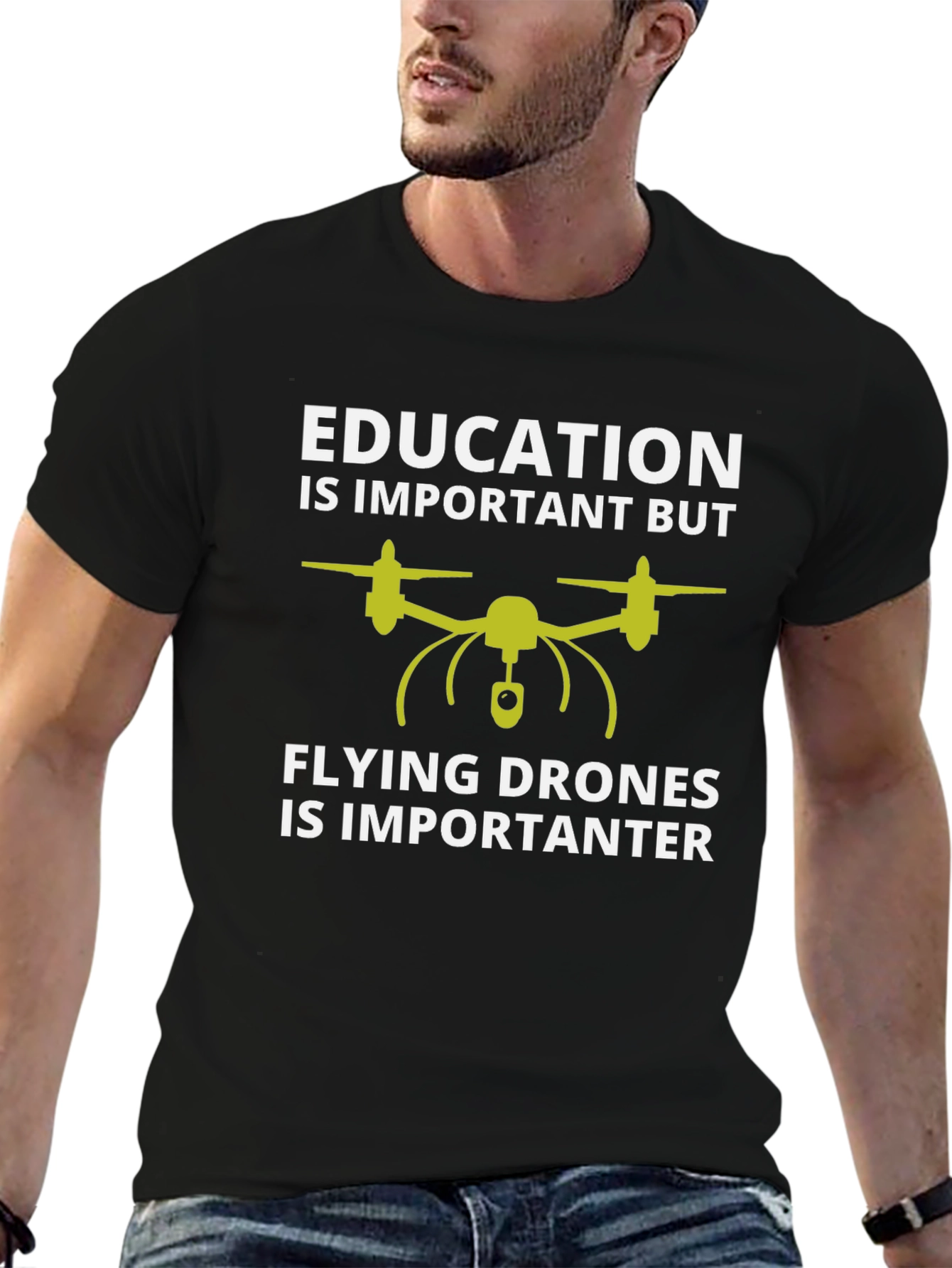 Black Funny Drone Pilot T-Shirt: Education vs Flying Drones view 6