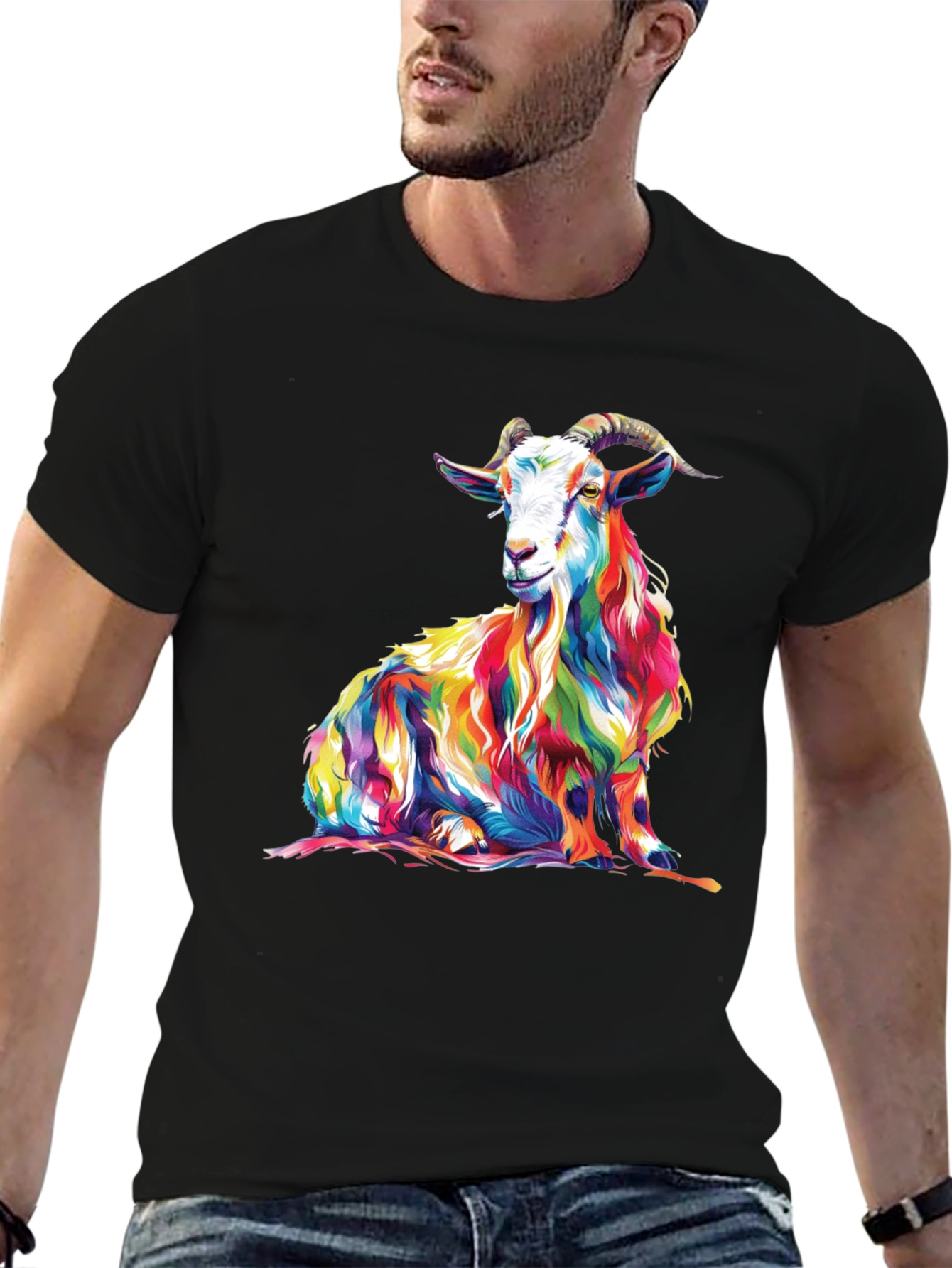 Black Colorful Goat Graphic Tee - Men's Black T-Shirt view 6