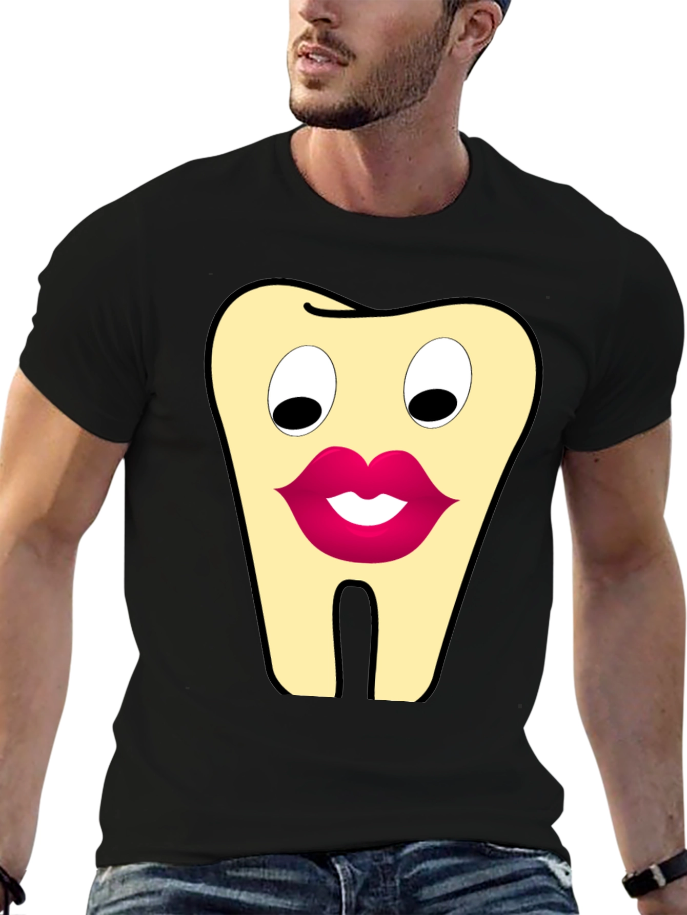 Black Funny Tooth Cartoon Graphic T-Shirt view 6