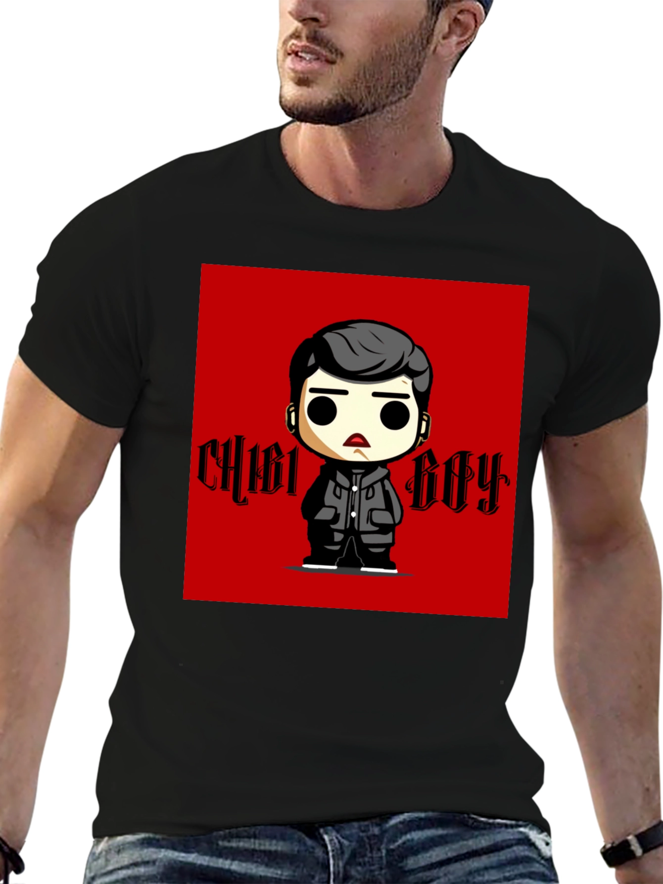 Black Chibi Boy Graphic Tee - Black Cotton T-Shirt view 6