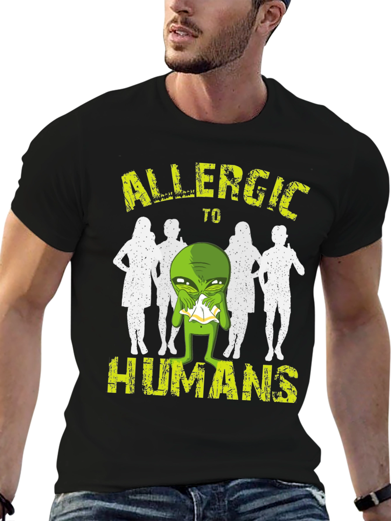 Black Allergic to Humans Alien T-Shirt - Funny Graphic Tee view 6