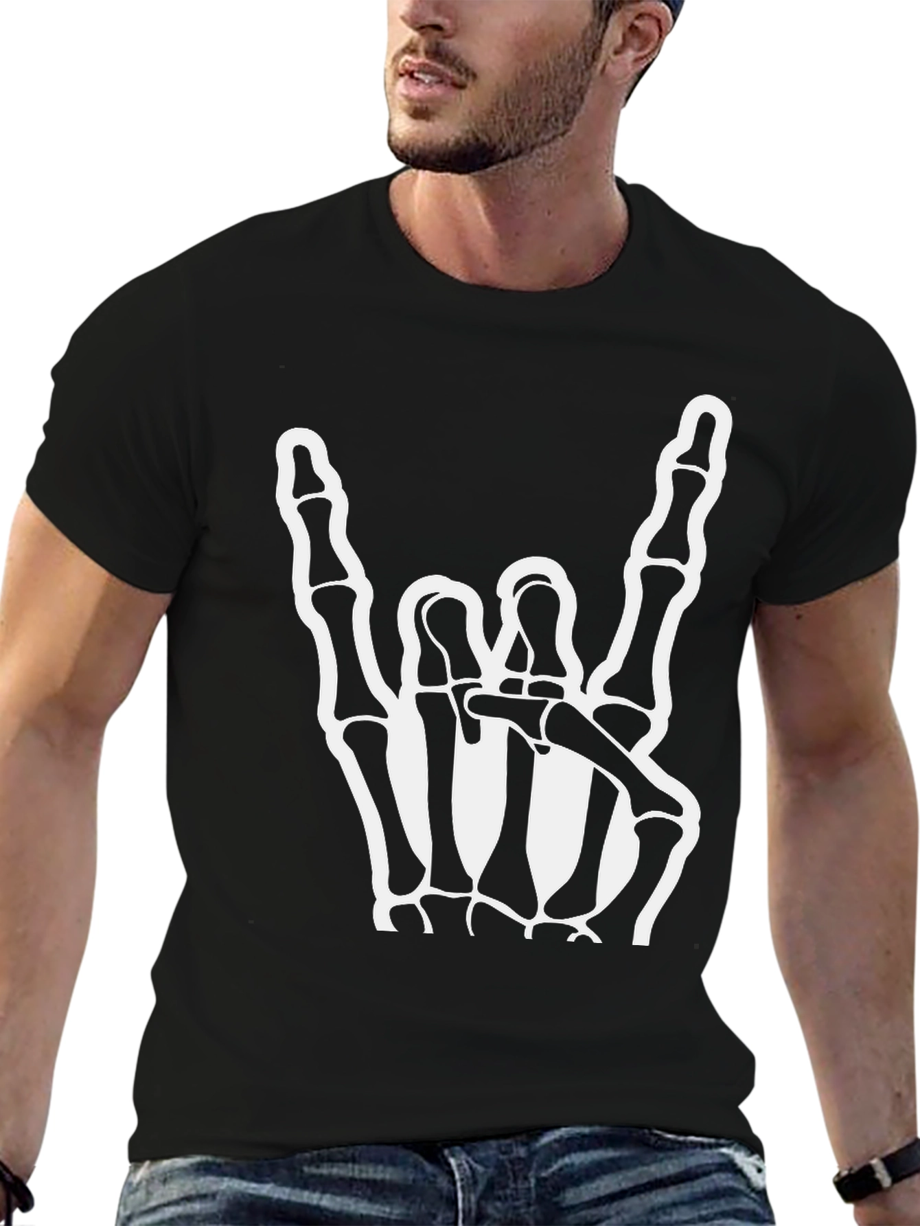 Black Rock On Skeleton Hand Black T-Shirt view 6