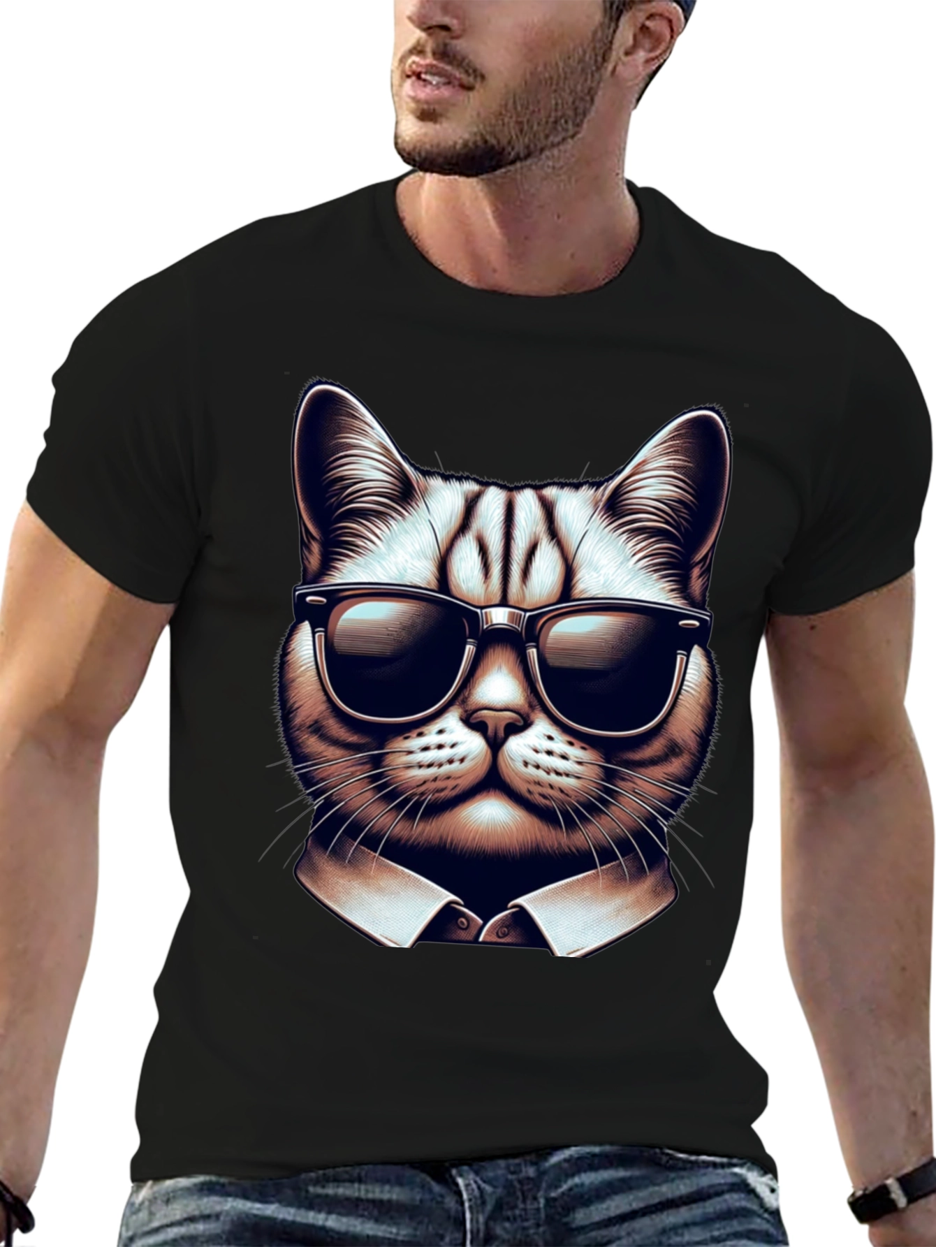 Black Cool Cat in Shades Graphic Tee - Black Cotton T-Shirt view 6