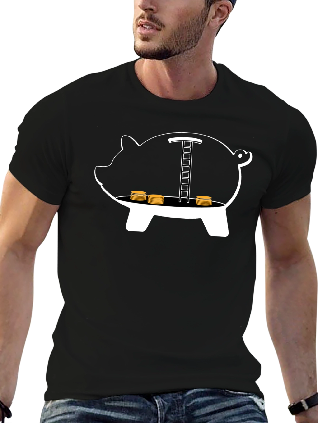 Black Piggy Bank Ladder Funny T-Shirt view 6