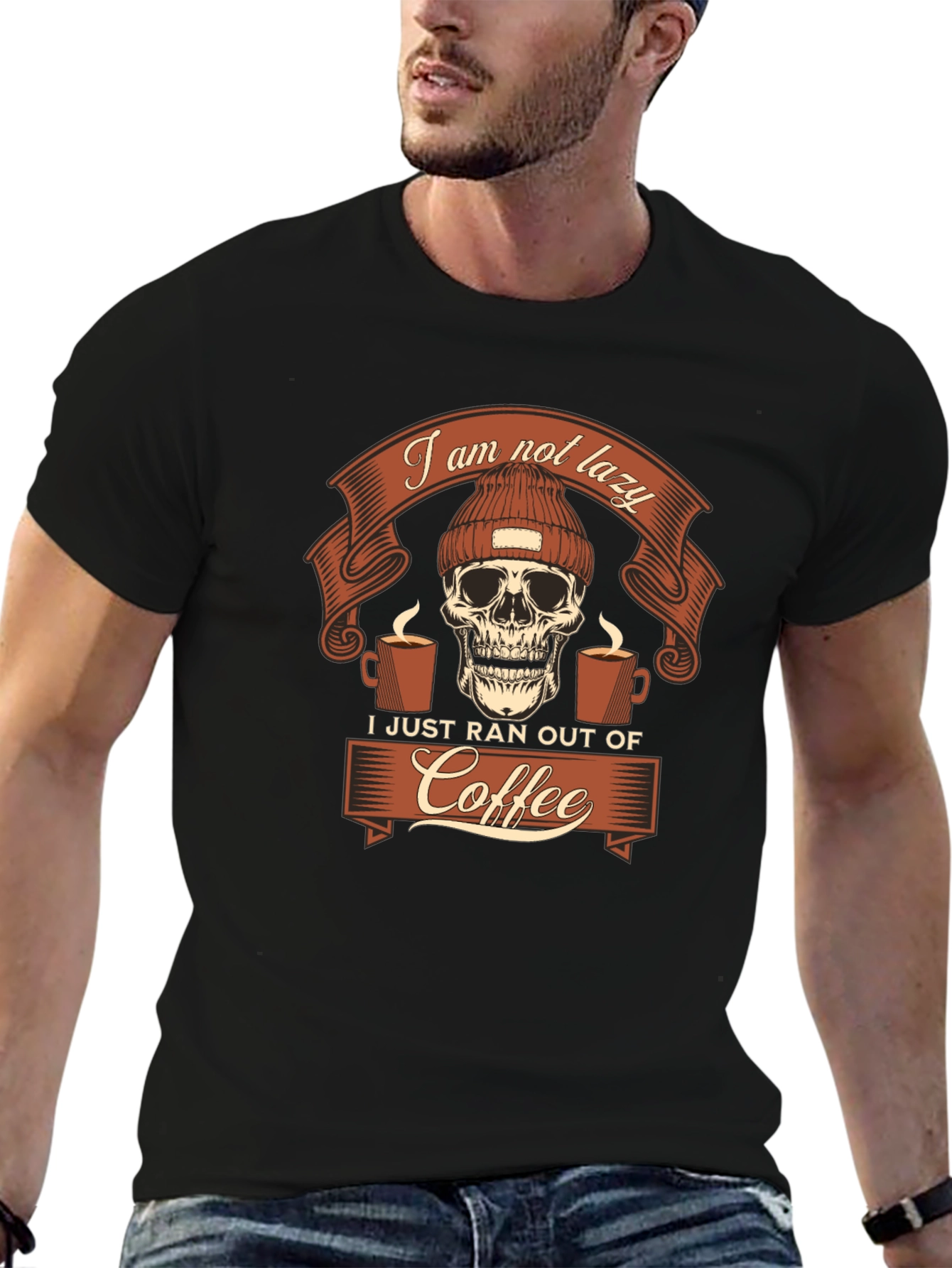 Black Funny Coffee Skull Graphic Tee - I Am Not Lazy T-Shirt view 6