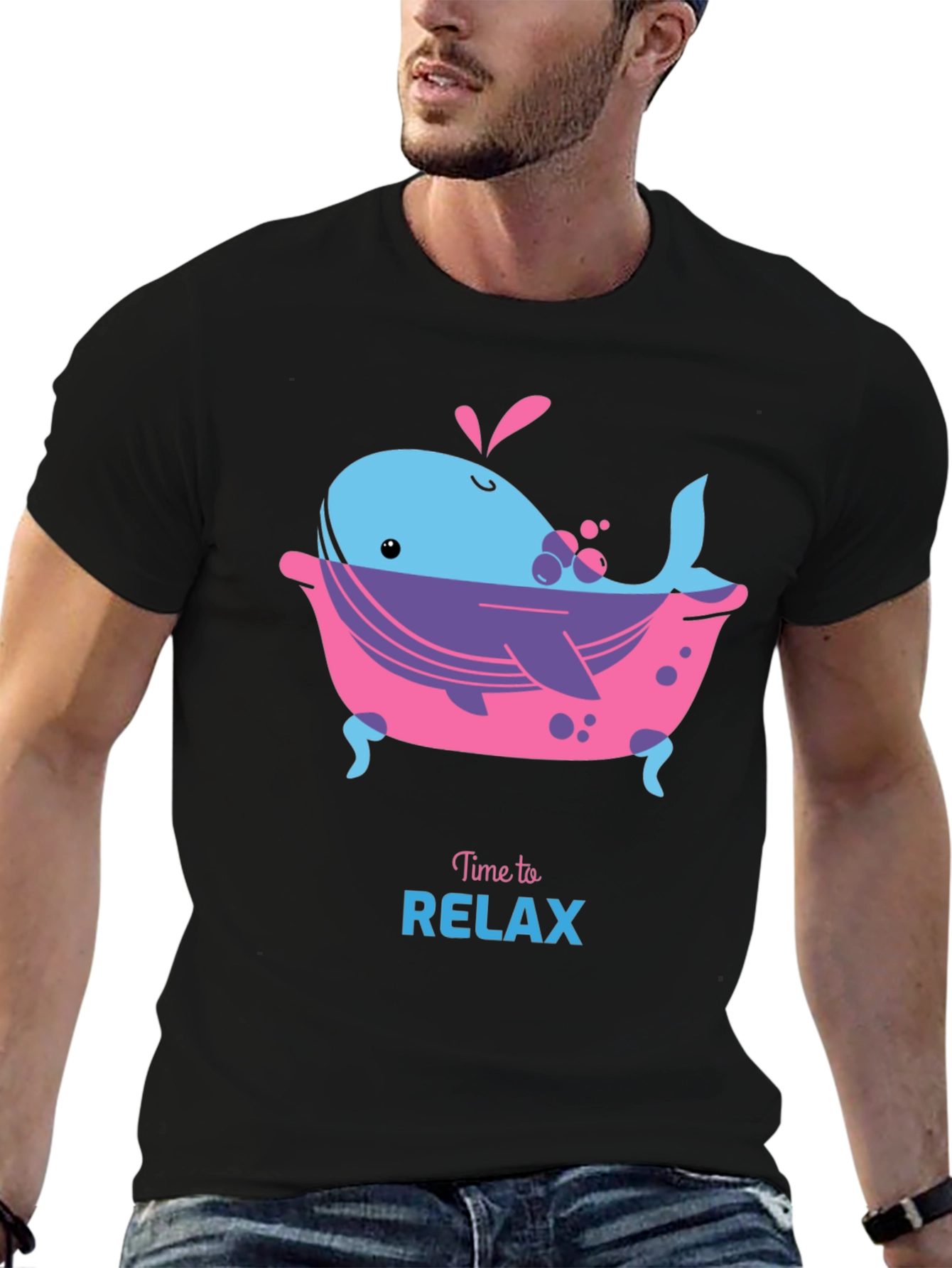 Black Time to Relax Whale in Tub Black T-Shirt view 6