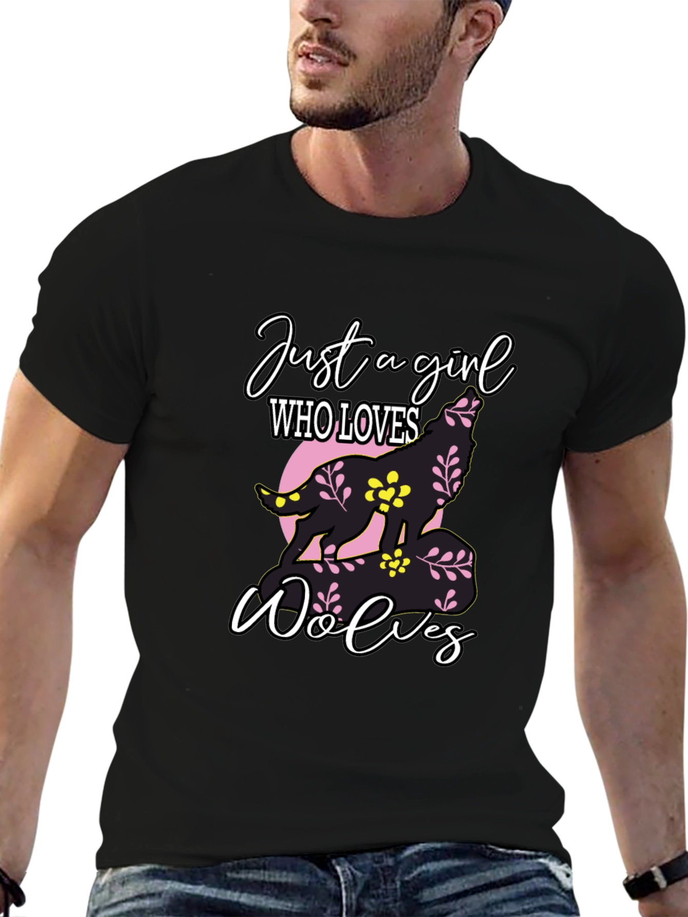 Black Just a Girl Who Loves Wolves T-Shirt view 6