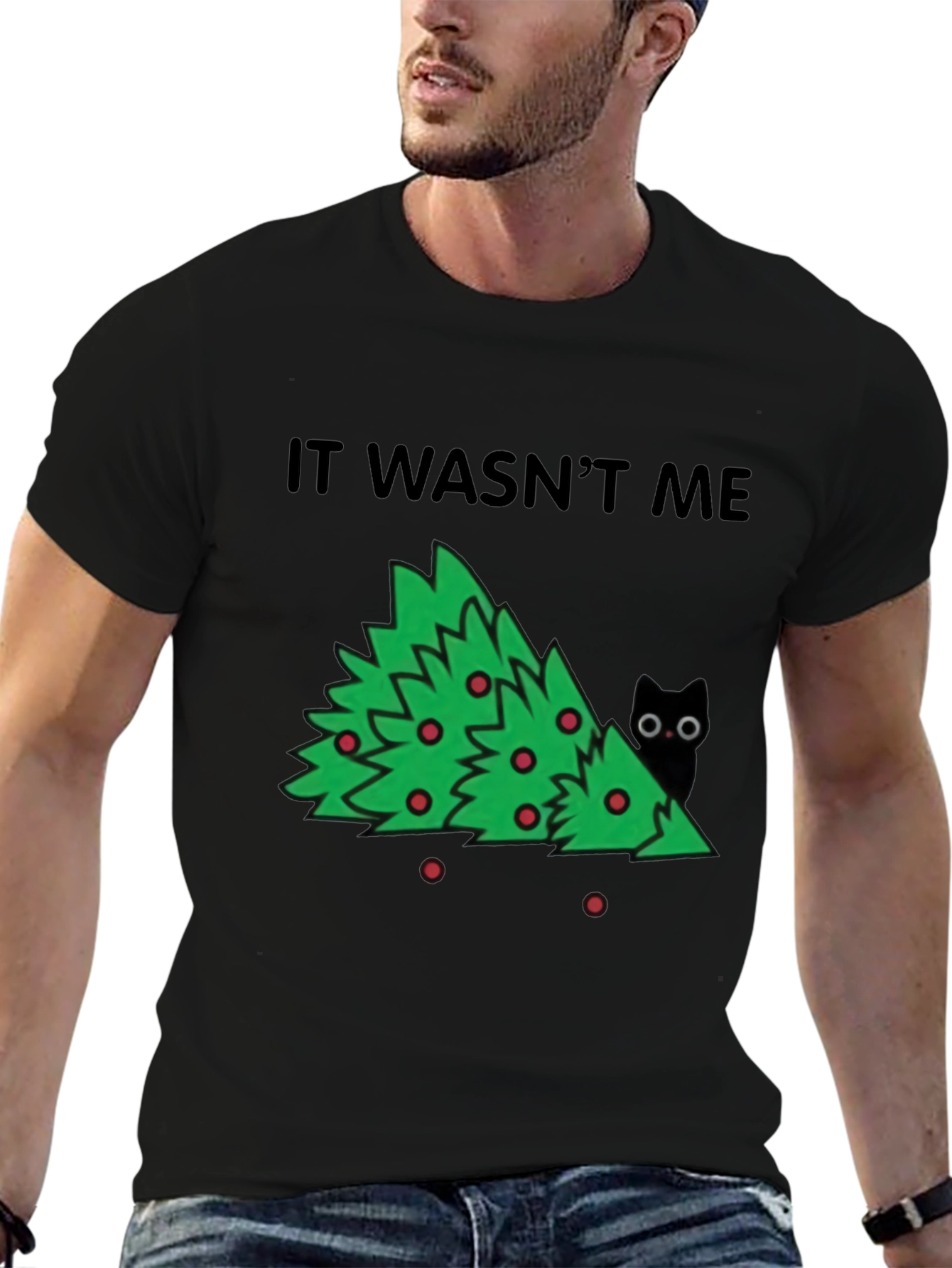 Black It Wasn't Me Christmas Tree Cat T-Shirt view 6