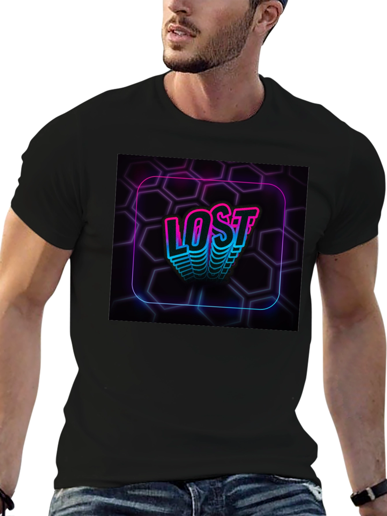 Black Lost Neon Hexagon Graphic Black T-Shirt view 6